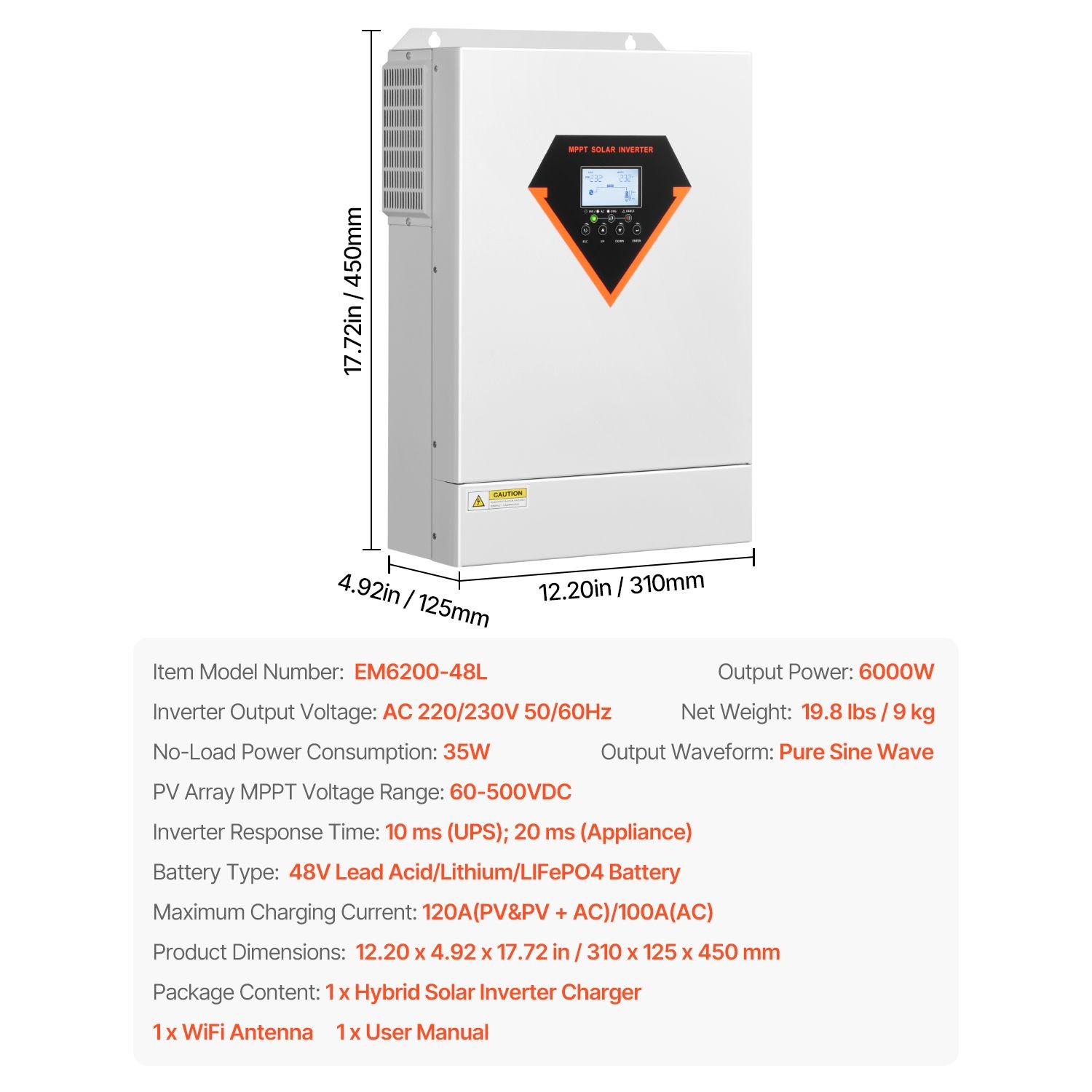 6000W Hybrid Solar Inverter, 48V to 220V AC, Pure Sine Wave with MPPT