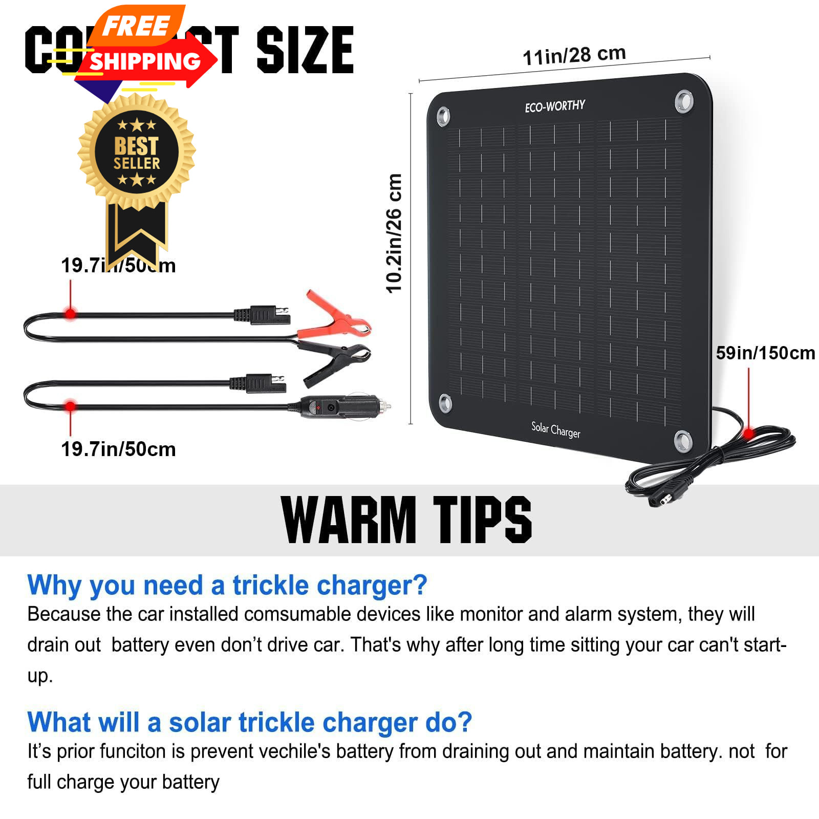 ECO-WORTHY 10W Solar Car Battery Charger Maintainer 12V Waterproof 10W, Black