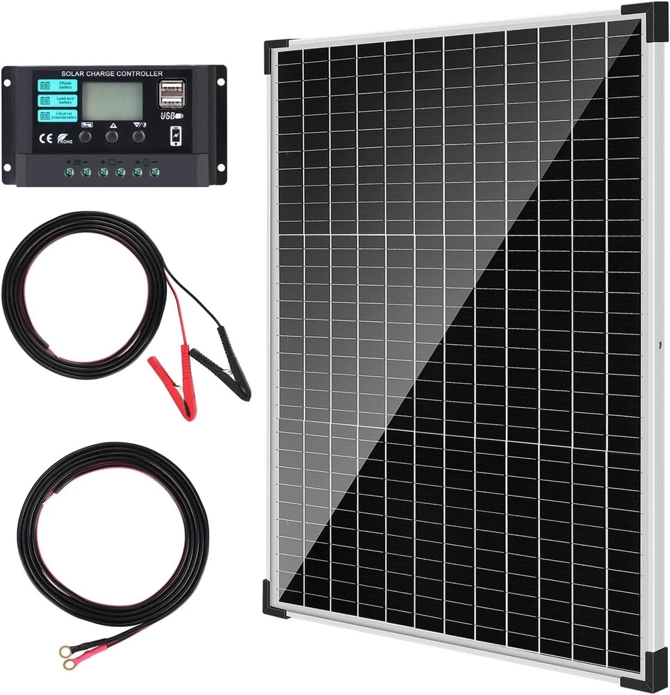 50W/12V Solar Panel Kit with 10A Charge Controller, Monocrystalline Solar Batter