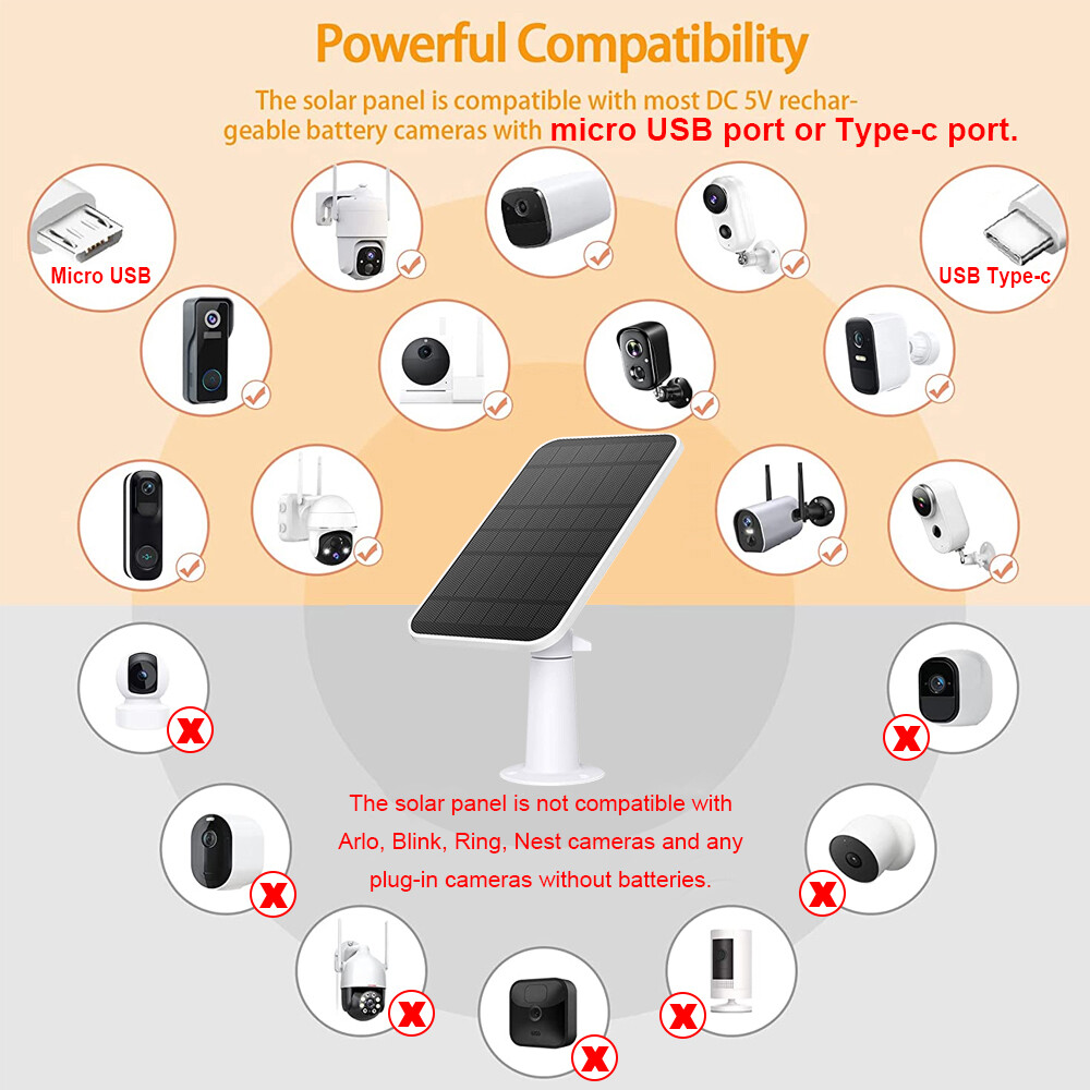 Waterproof Solar Panel Kit for Eufy Eufycam Cam E/2C/E/2 Pro w/9.8ft Power Cable