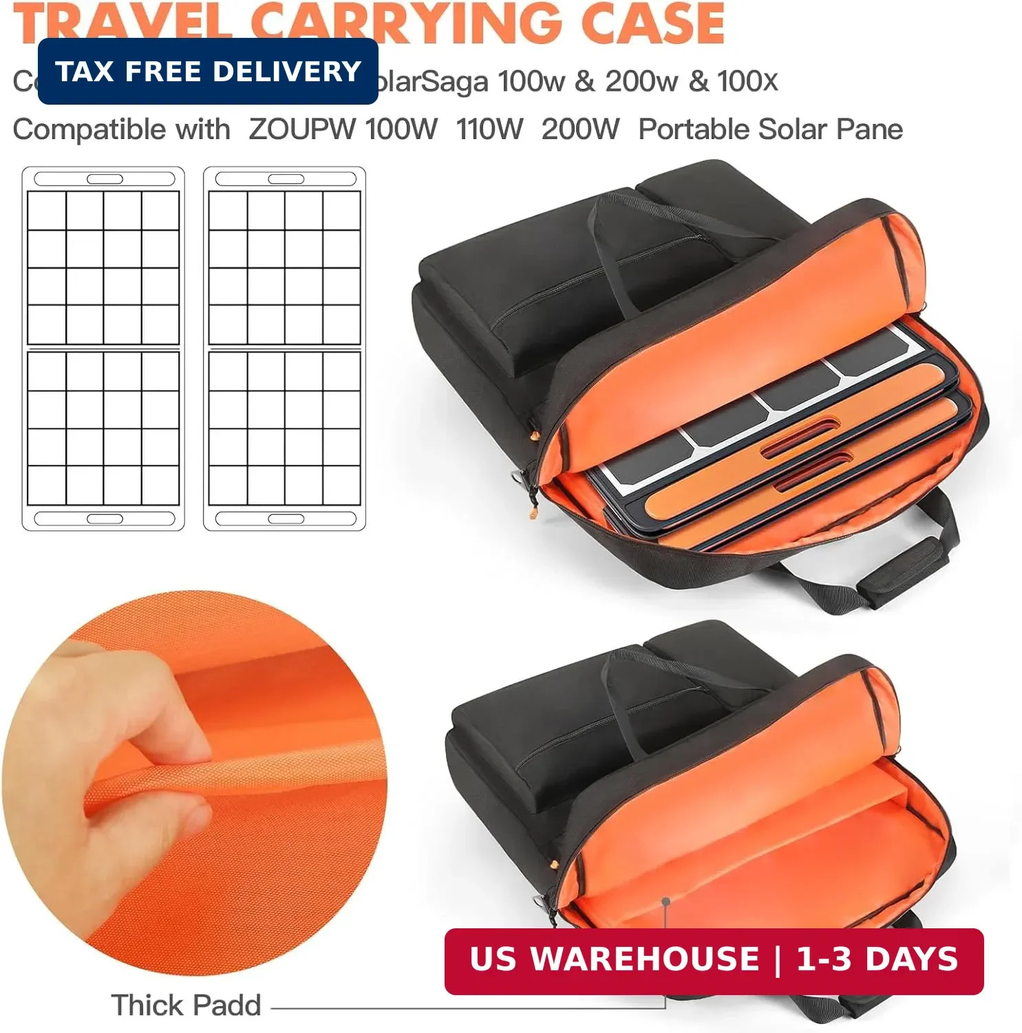 Padded Solar Panel Carrying Case Compatible with Jackery SolarSaga 100W 100X 200