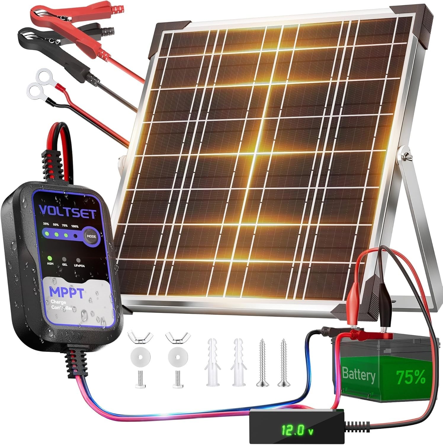 12V Solar Battery Charger with LCD Voltage Tester – 20W Solar Trickle Charger…