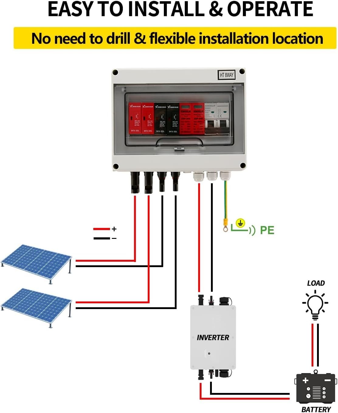 600V Solar DC PV Combiner Box 2 String Waterproof Fuse MCB SPD
