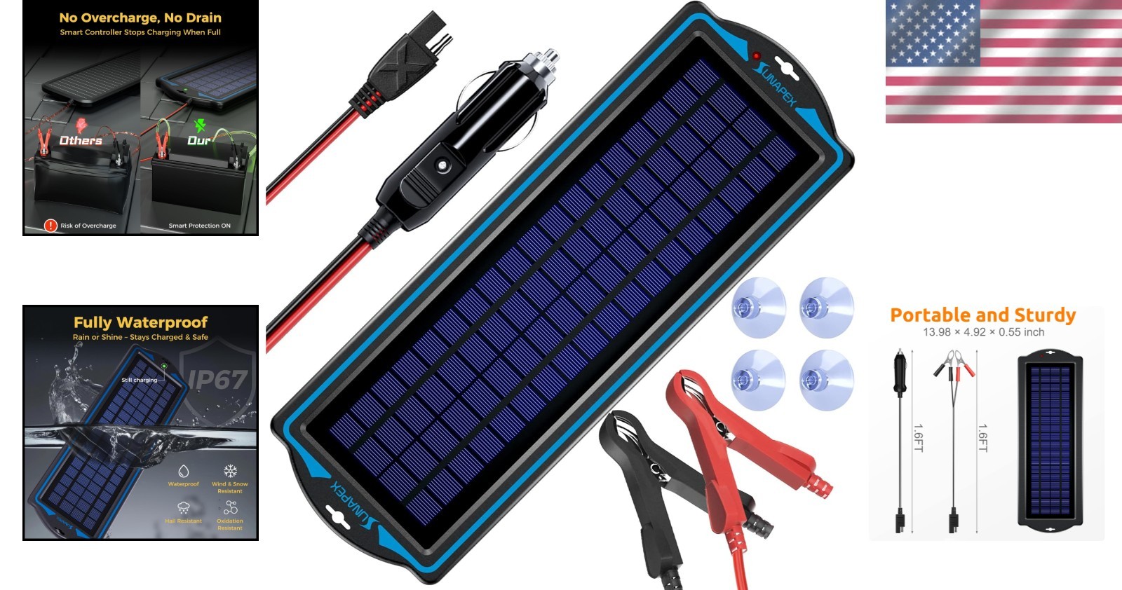 Portable 5W Solar Panel Kit with Built-in Controller for 12V Battery Maintenance