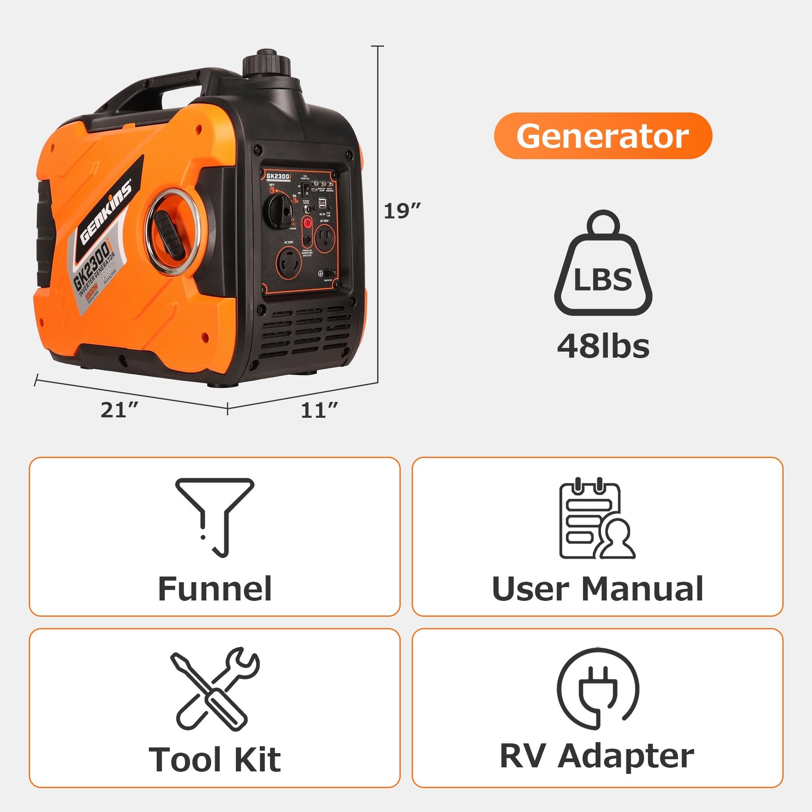 GENKINS 2300 Watt Portable Inverter Generator Gas Powered Ultra Quiet for RV …
