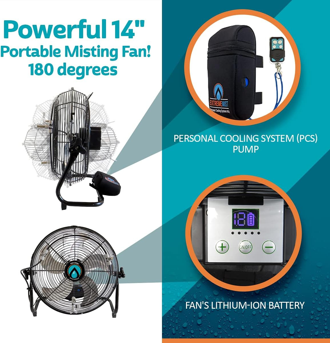 EXTREMEMIST 14” Solar Powered Misting Fan – 3 Mister Nozzles, 20W Solar Panel |