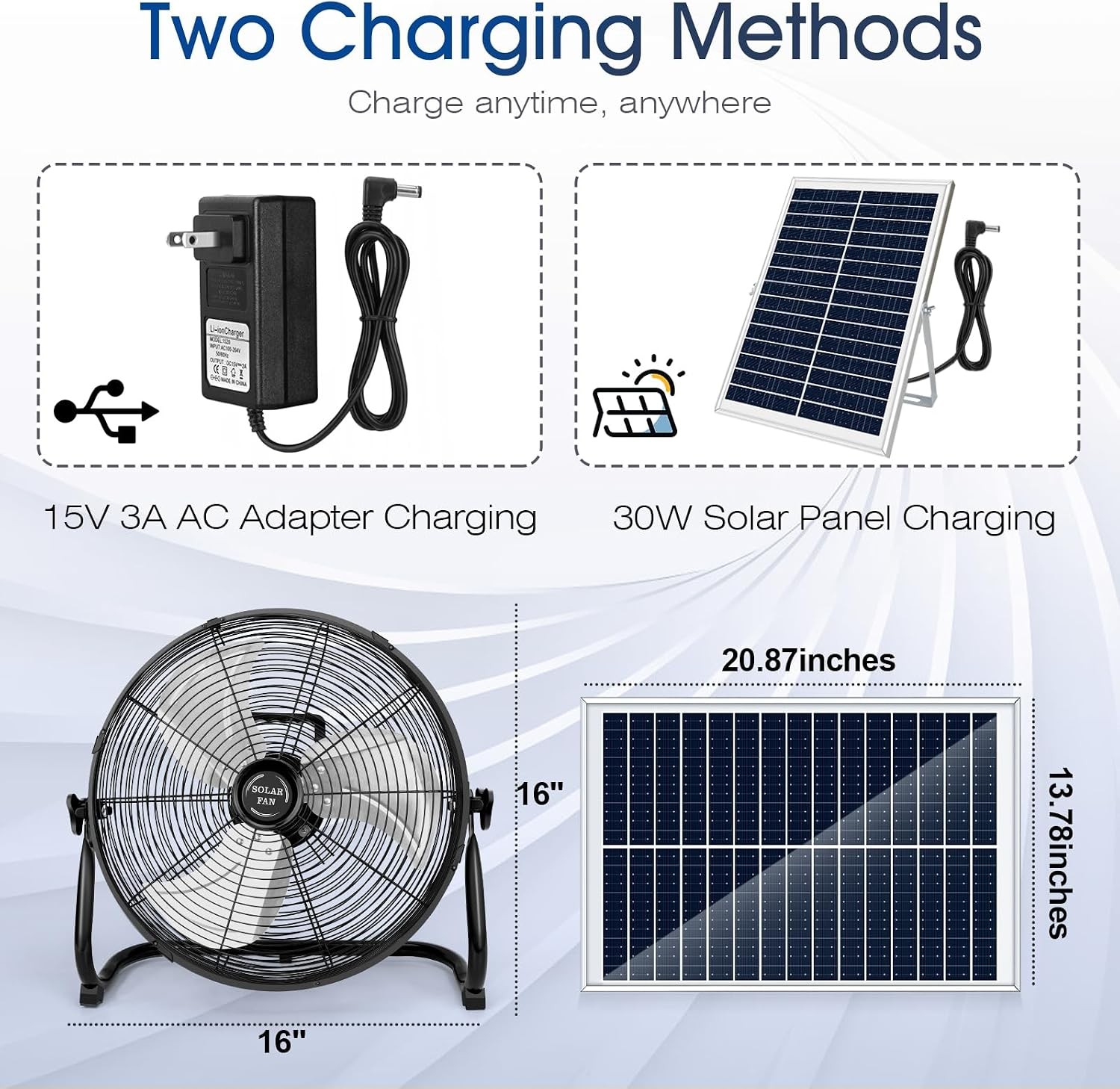 18” Solar Powered Fan W/ 30W Solar Panel Portable Solar Outdoor Floor Fan
