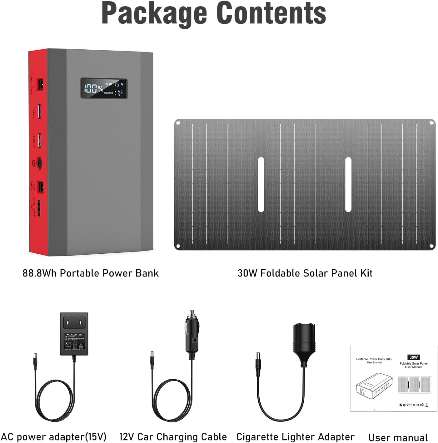 65W AC DC Portable Power Bank Fast Charger Mini Generator & 30W Solar Panel Kit