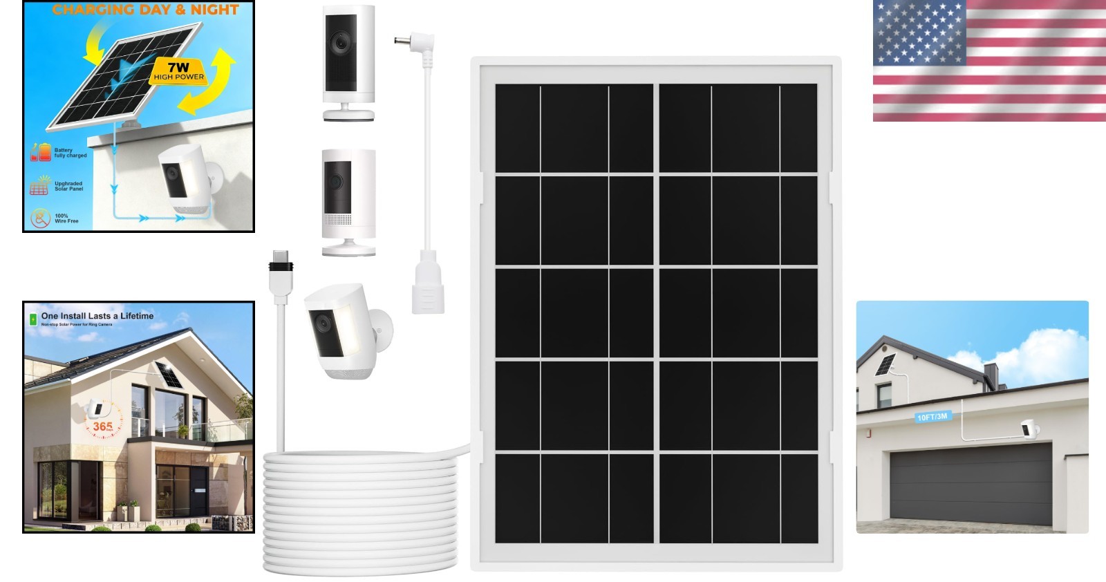 7W High-Efficiency Solar Panel for Ring Cameras with 10FT Waterproof Cable