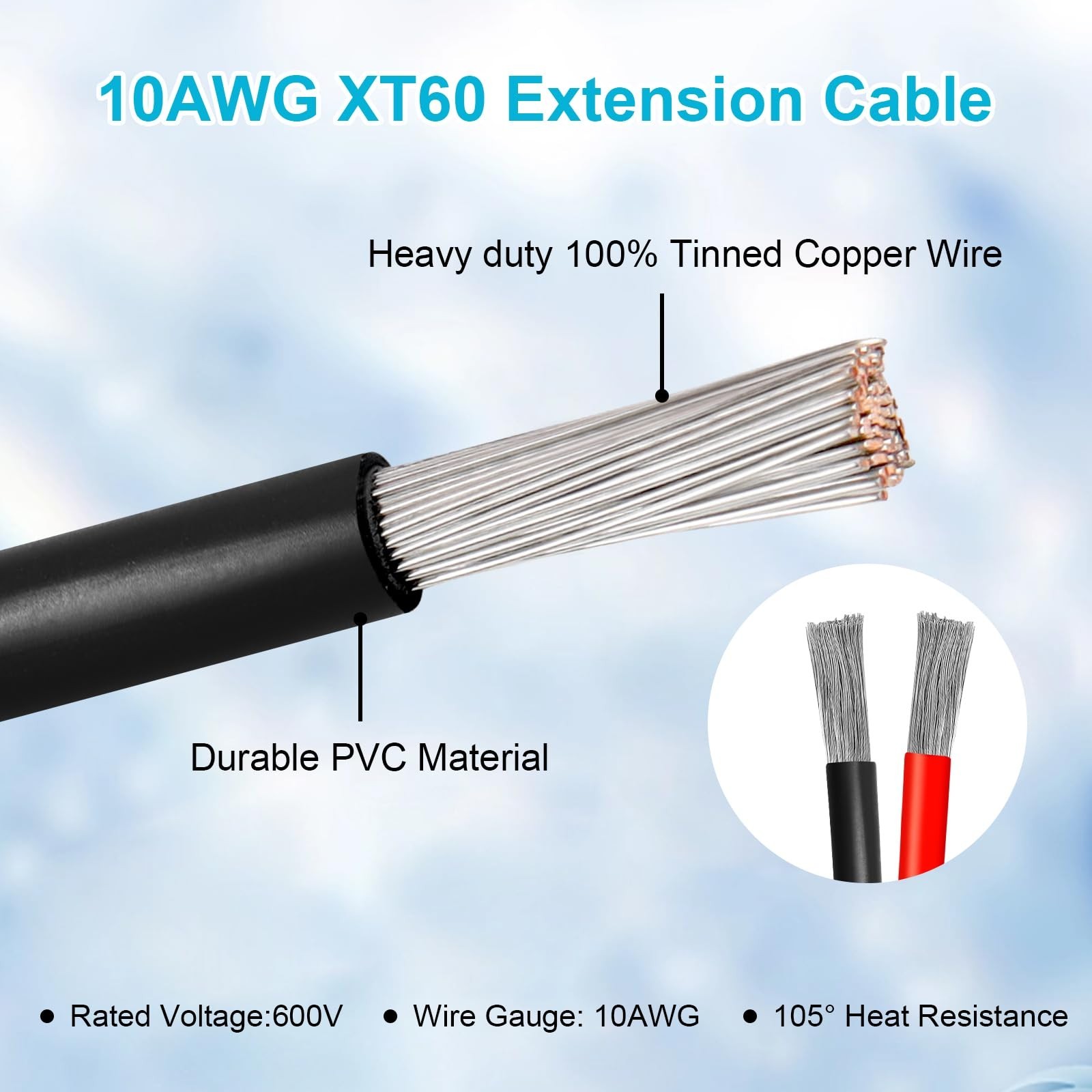 35FT XT60 Extension Cable 10AWG – Female to Male Connector for Solar, RC, Power
