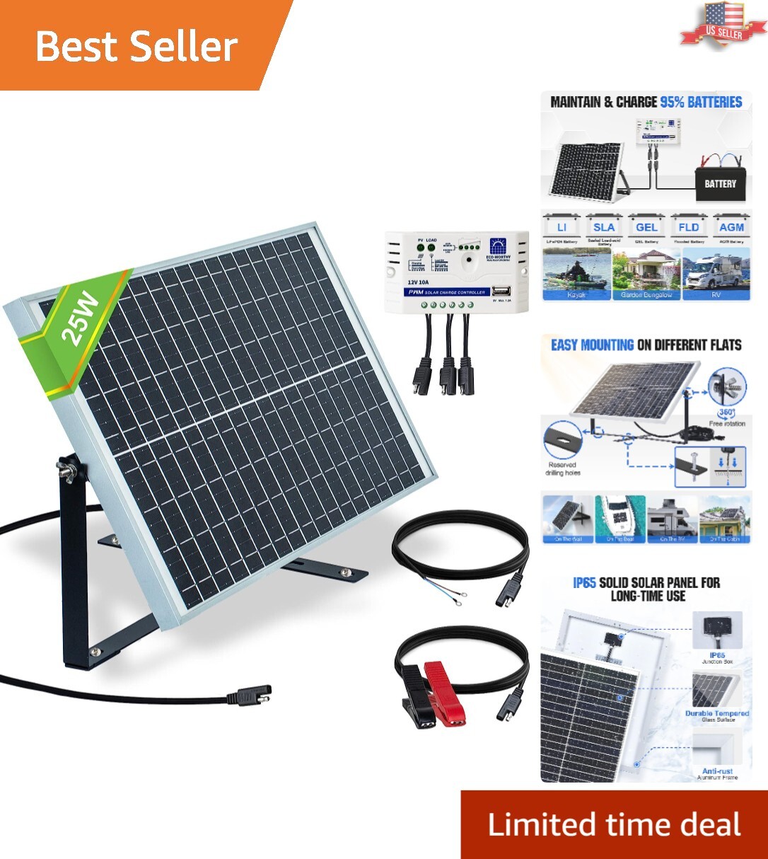 Durable Solar Panel Kit: Adjustable Mount + SAE Connector + Charge Controller