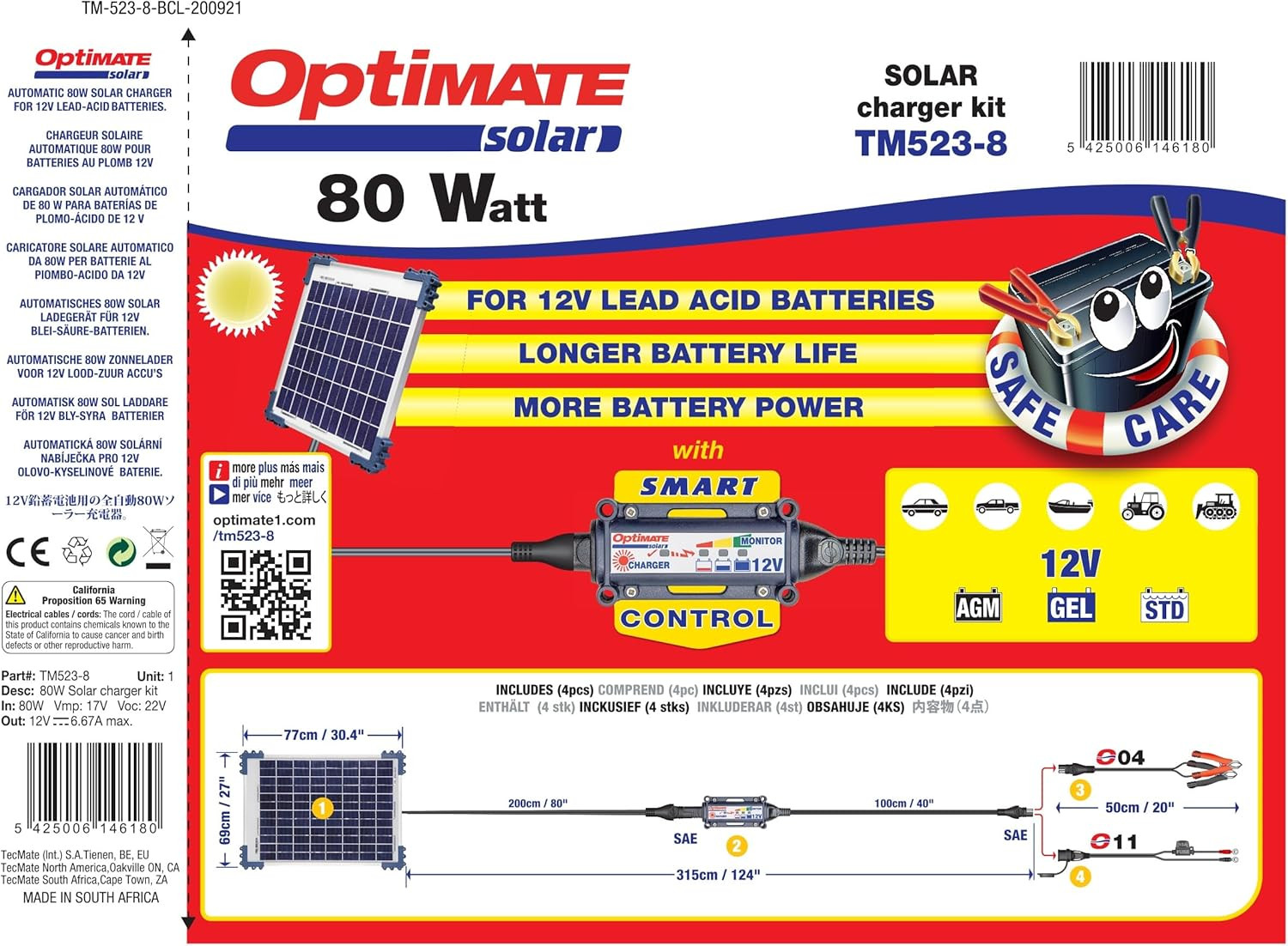 Optimate SOLAR + 80W Solar Panel, TM-523-8, Solar Pulse Charger, Tester & Mainta