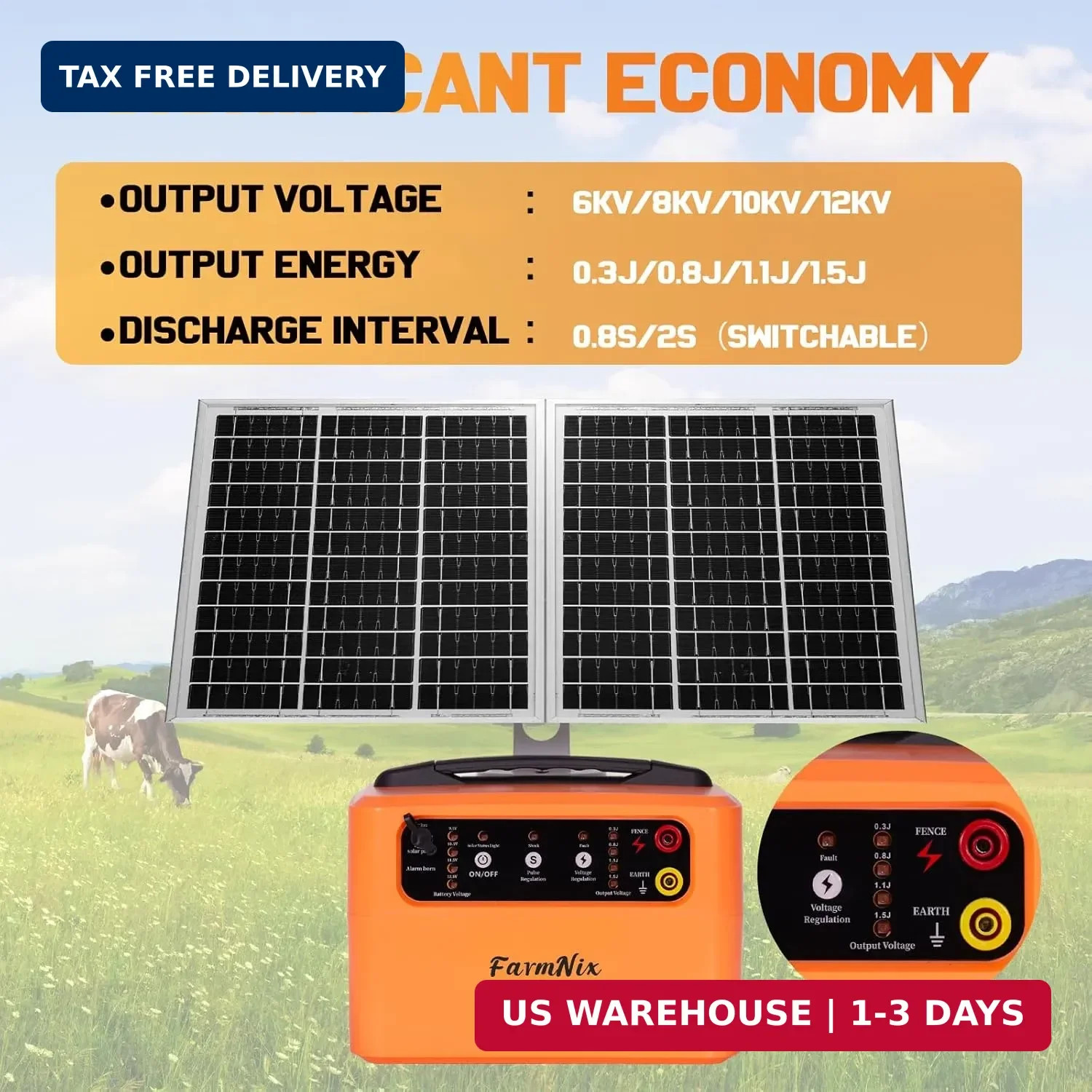24 Hour Solar Electric Fence Charger, 30 Miles Solar Fence Energizer, 6-12KV Adj