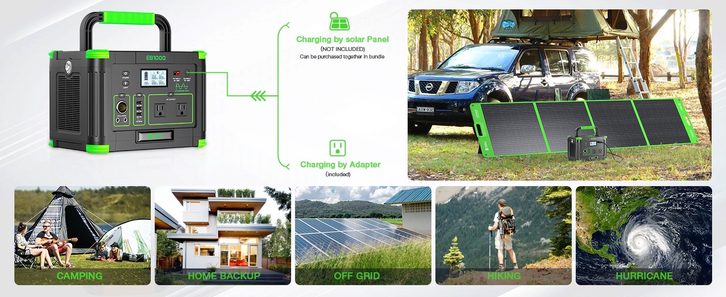 1000W Portable Power Station Multiple Ports for Camping Home Backup RV Off-Grid
