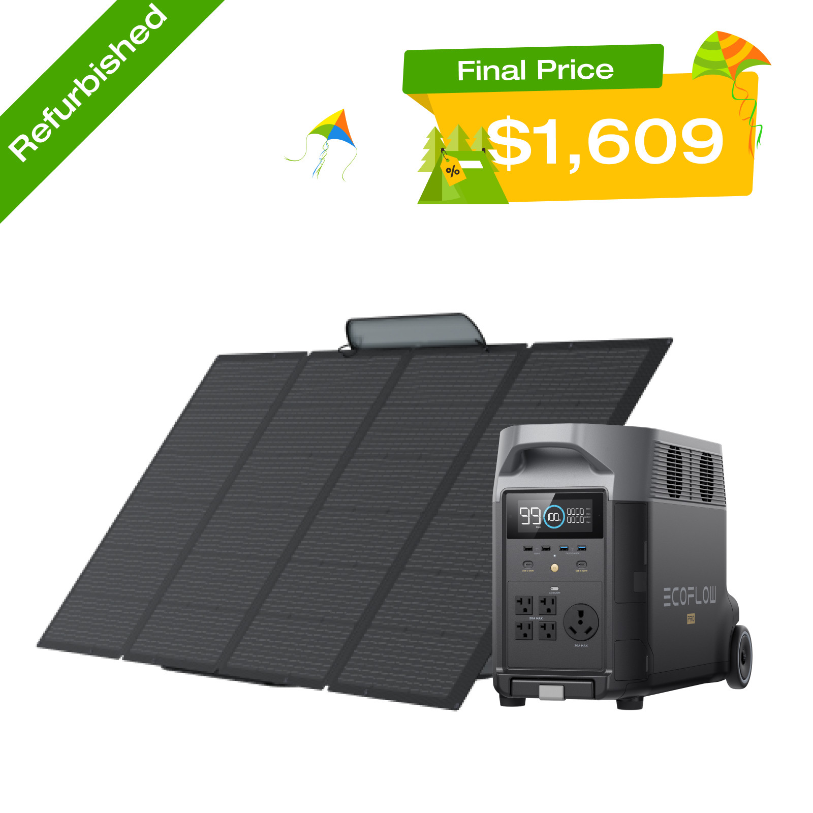 EcoFlow DELTA Pro 3600Wh+400W Solar Panel Solar Generator Certified Refurbished