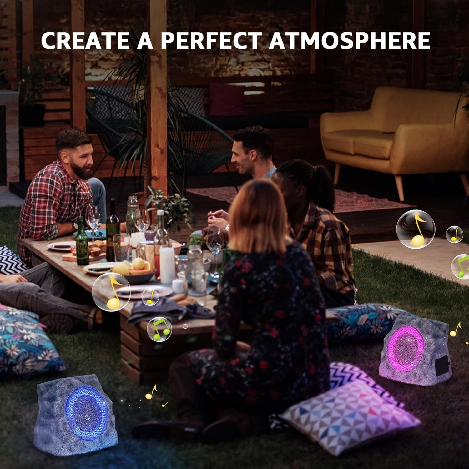 2-Pack Solar Powered Rock Speakers Outdoor Water-Resistant with 3 Mode Lights an