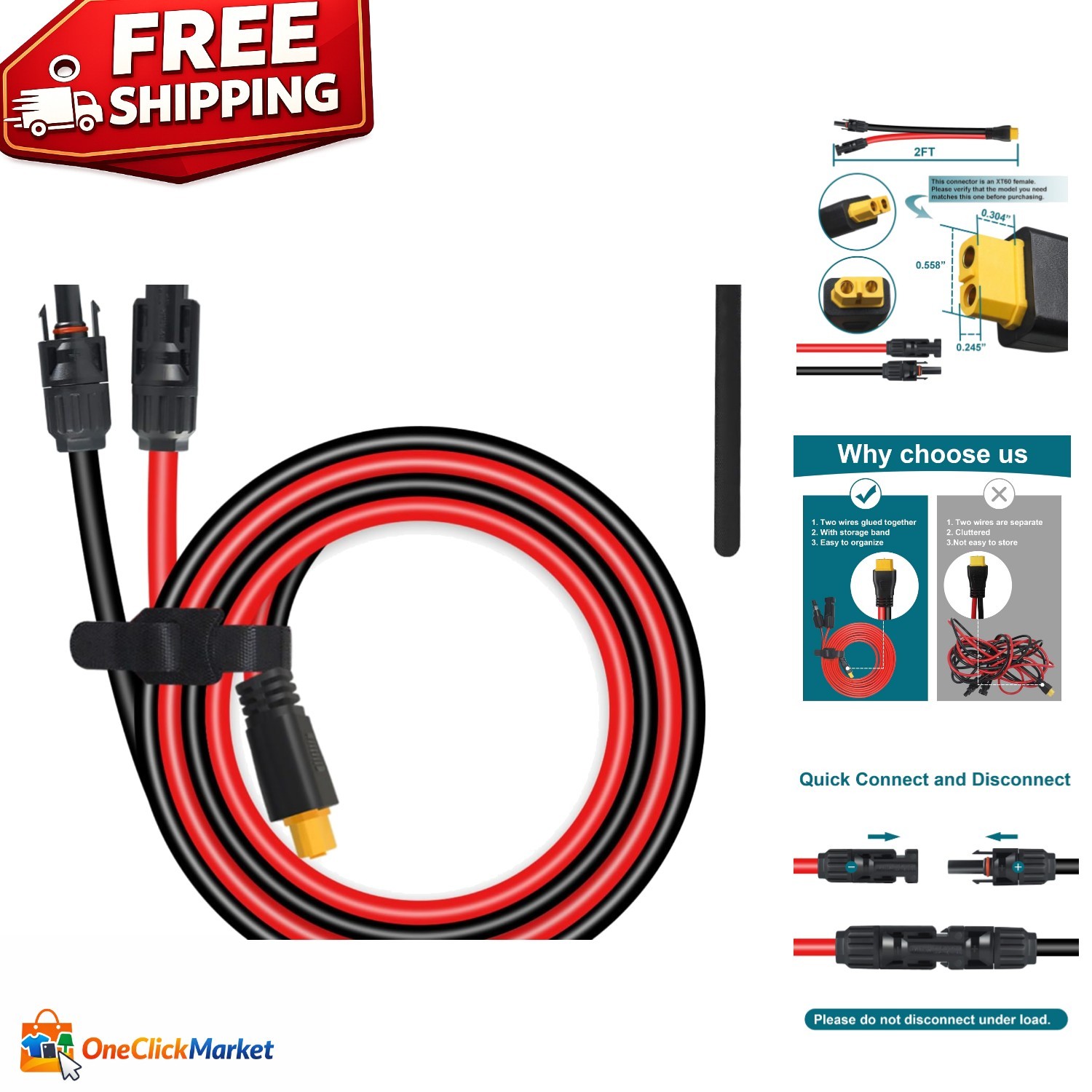 Effortless Connection with 2FT XT60 Solar Cable – Quick Male-to-Female Design