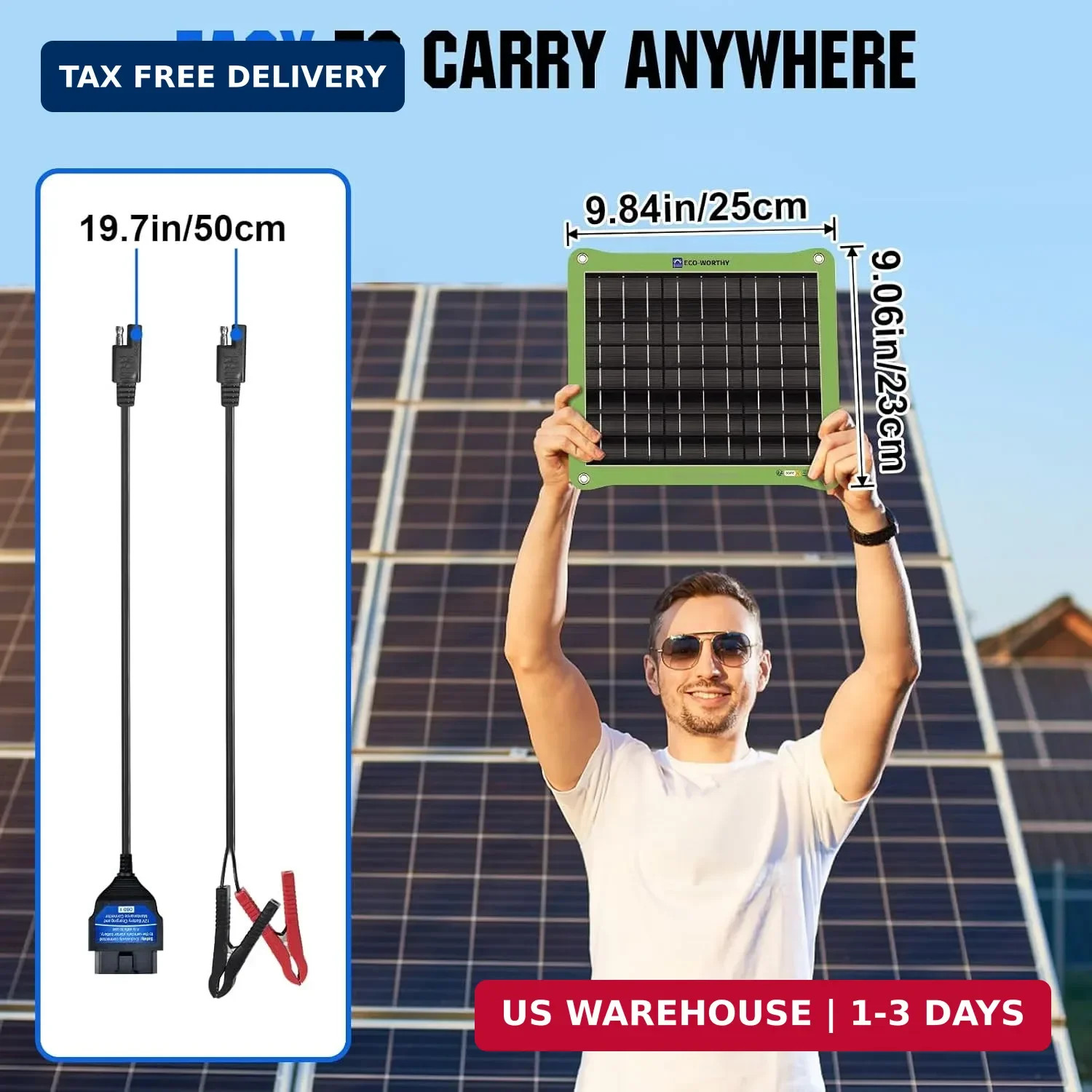 ECO-WORTHY Upgrade 7.5W Solar Car Battery Charger Maintainer 12V Waterproof Sola