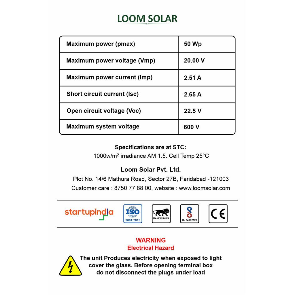 Loom Solar Panel 50 watt – 12 volt Mono Perc