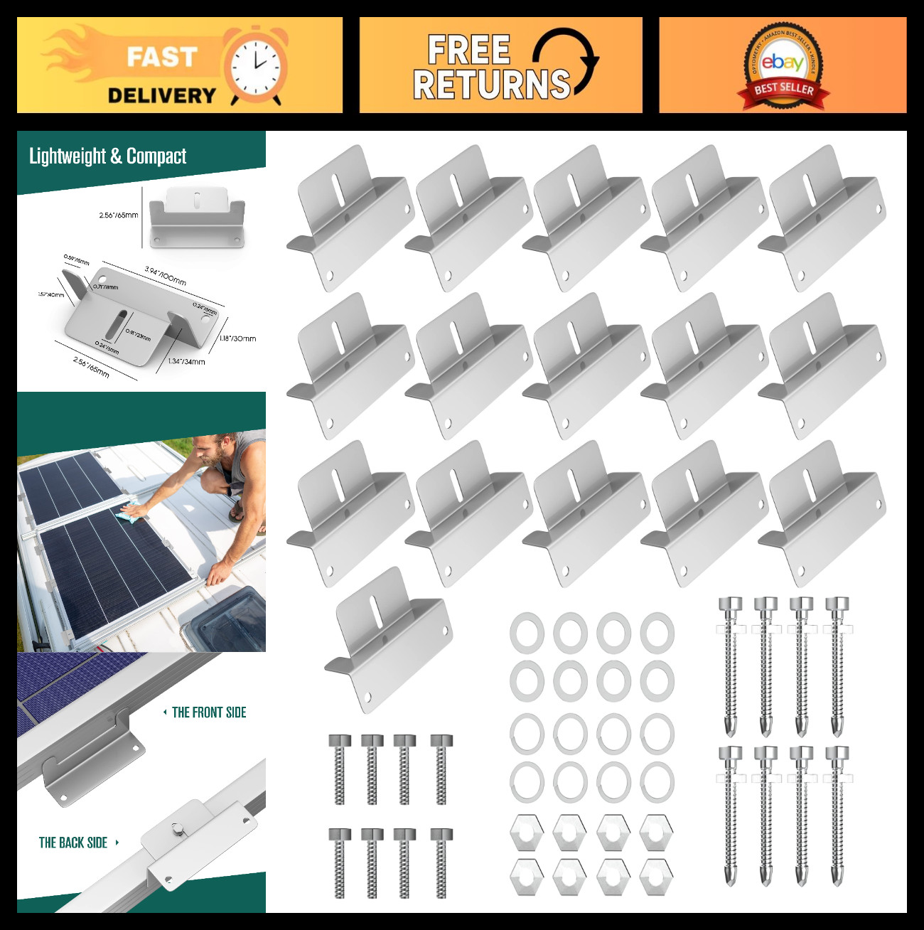 Solar Panel Mounting Brackets Kit – Z Brackets for Roof, RV, Trailer, Wall, Off-