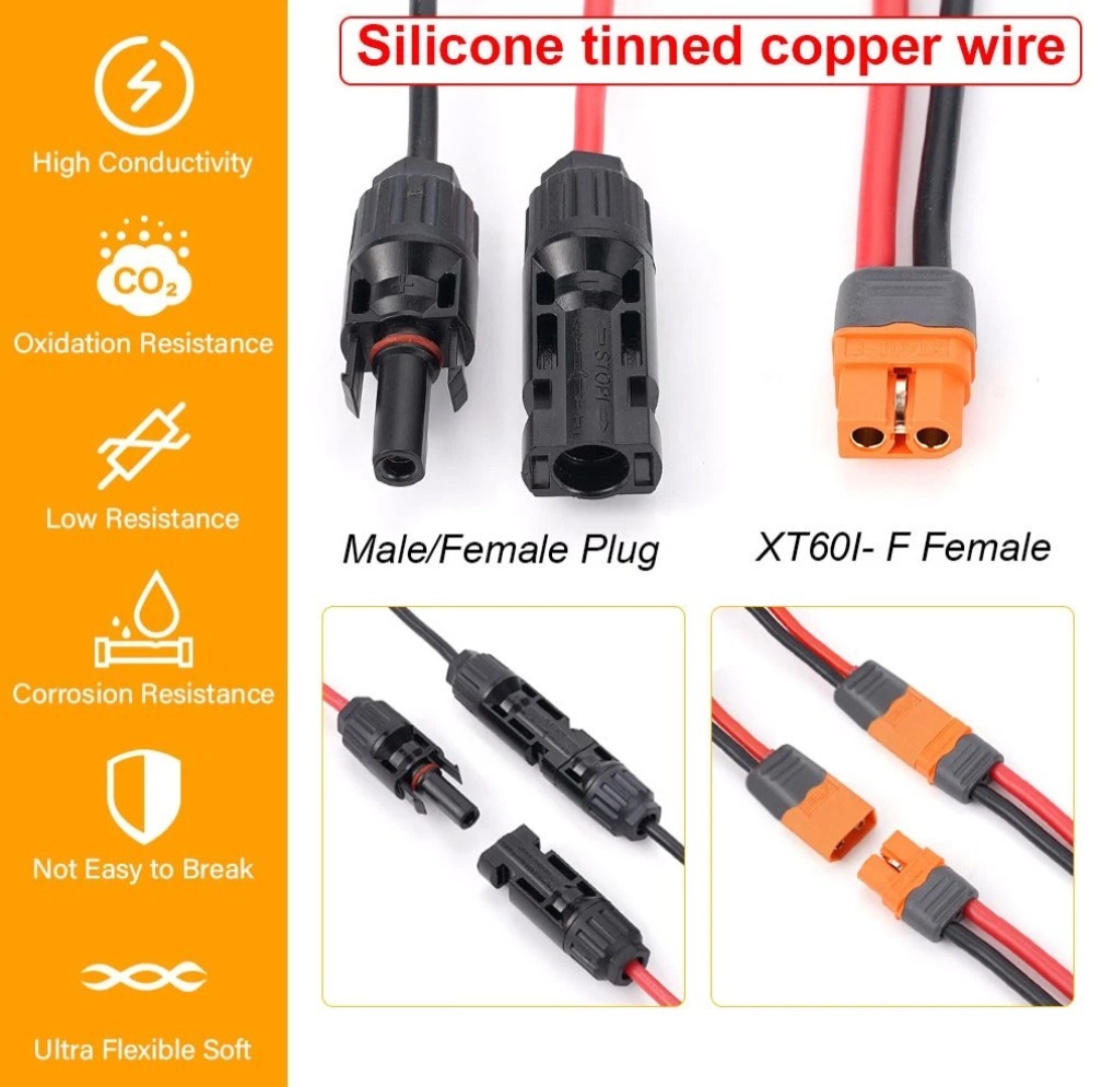 10ft XT60i Female to Solar Connector Solar Panel Charging Cable 12 AWG-SEE NOTE*