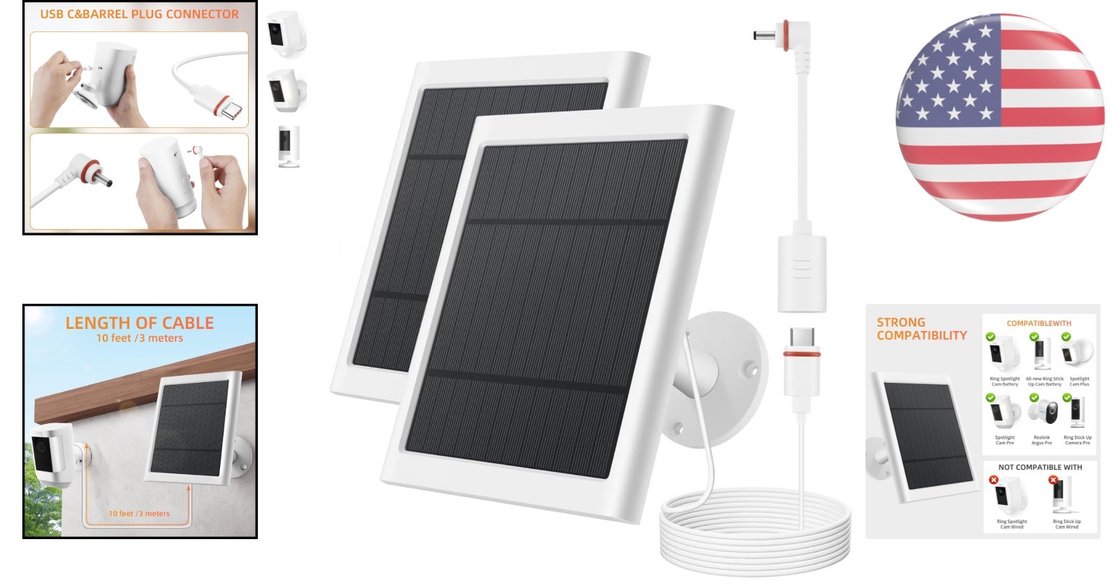 2 Pack 4W Solar Charger for Ring Cameras – Waterproof & Durable Power Solution