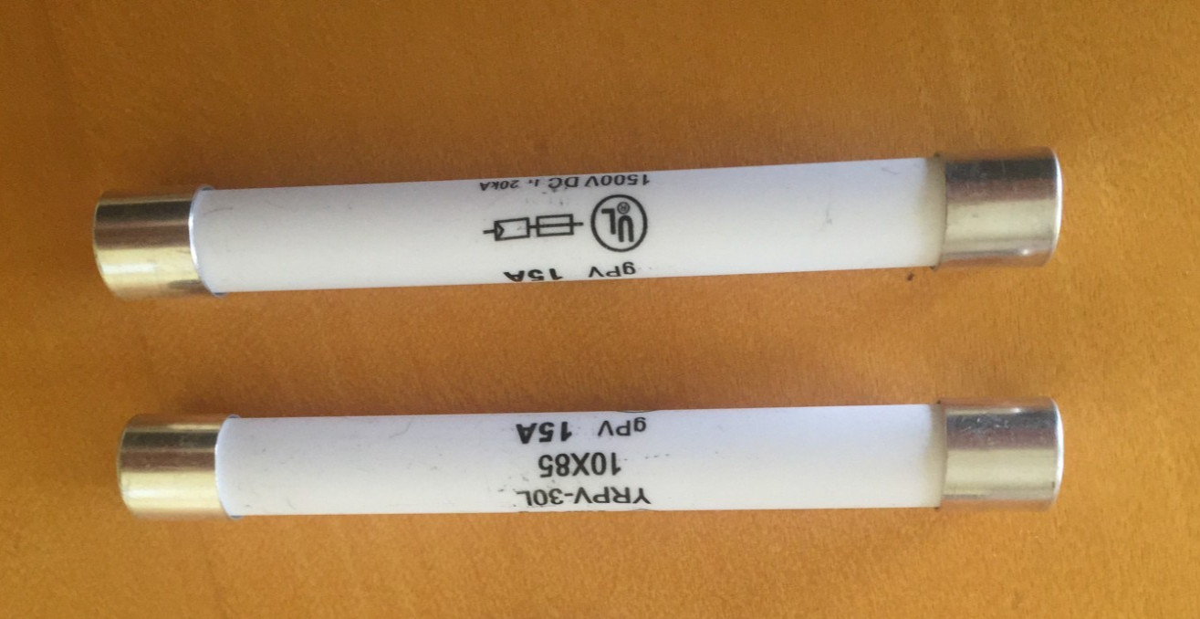 Solar PV in-line fuse 1500v 4A or 6A or 15A or 20A or 25A or 30A 10mm x 85mm UL