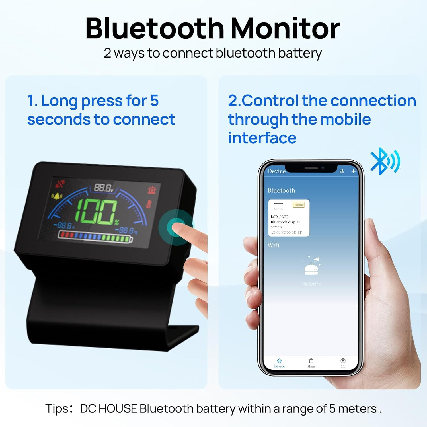 DC HOUSE Bluetooth Battery Capacity Monitor for 12V/24V/36V/48V Systems, DC 8–90