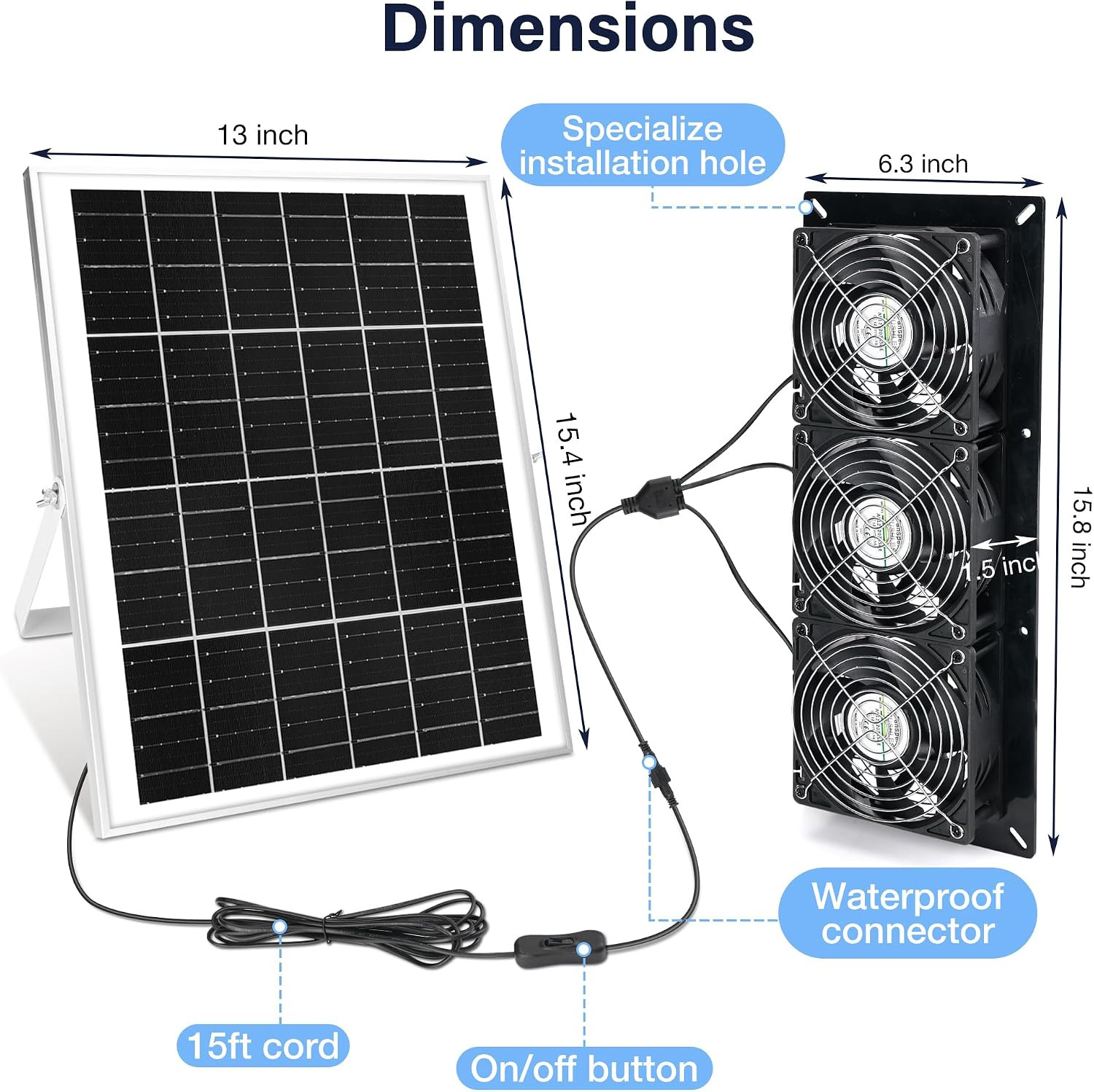Solar 3 Fan Kit, Waterproofed Solar Powered Fans for Outdoor Chicken Coop, Green