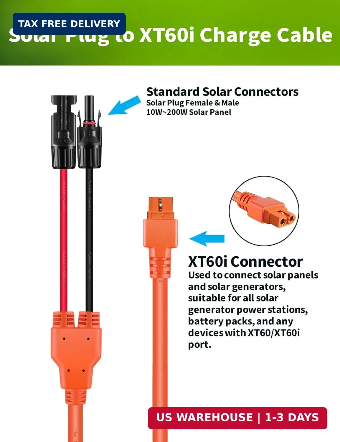 6.6FT Solar to XT60i Charging Cable, 12AWG Solar Connector to XT60i Connector So