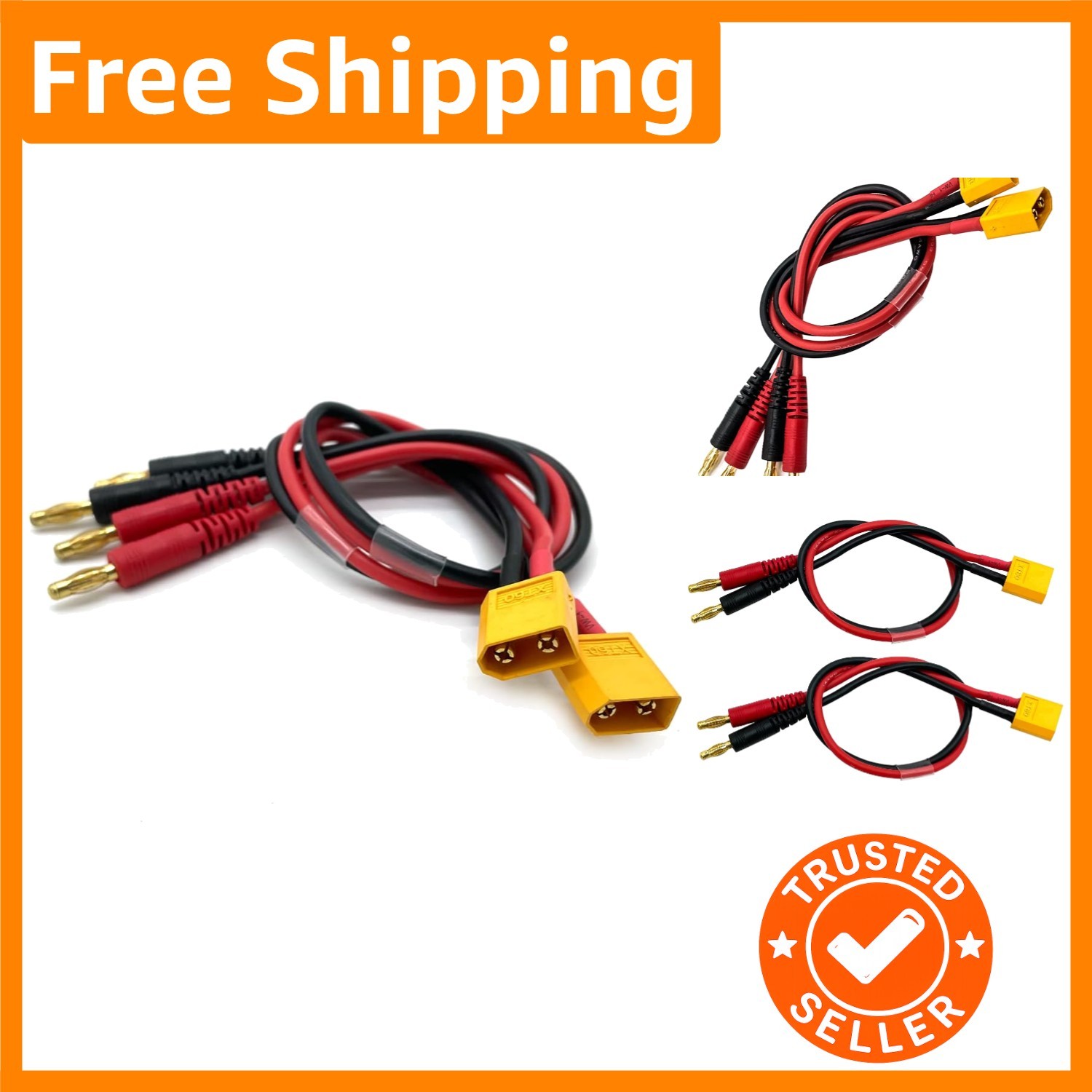 30cm XT60 Connector to 4mm Banana Plug Charging Cables – Pack of 2, Tangle-Free