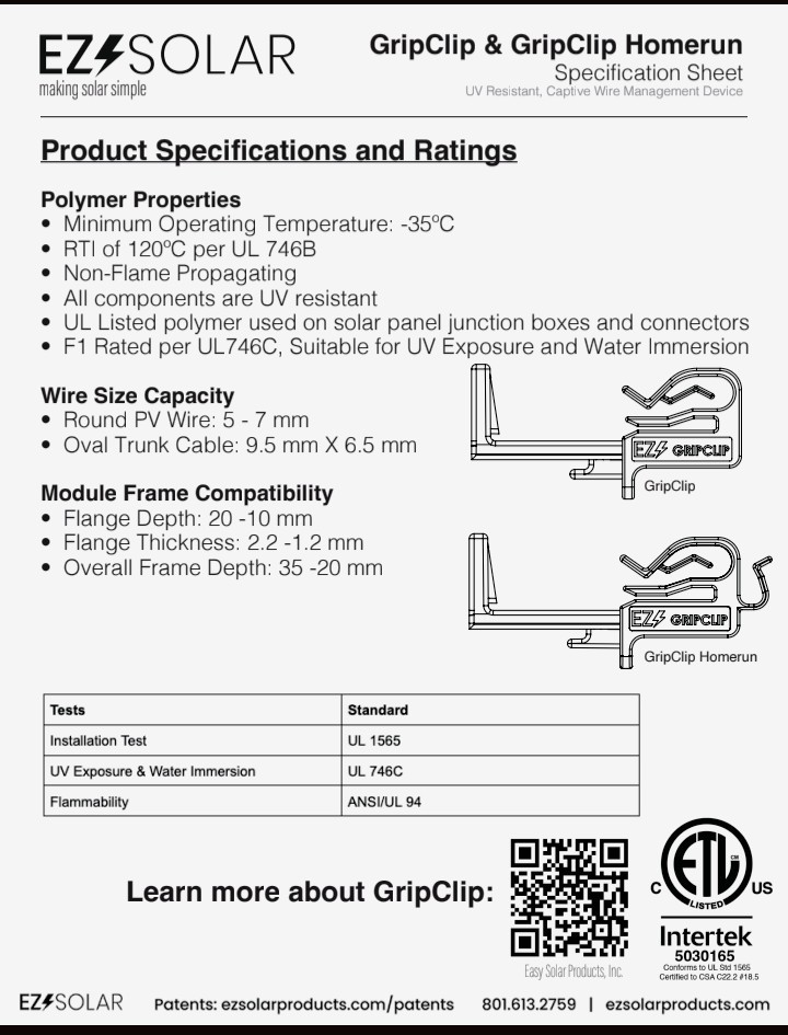 EZ Solar GripClip Intertek 5030165 UV Resistant Wiring Clips For Outdoor Use