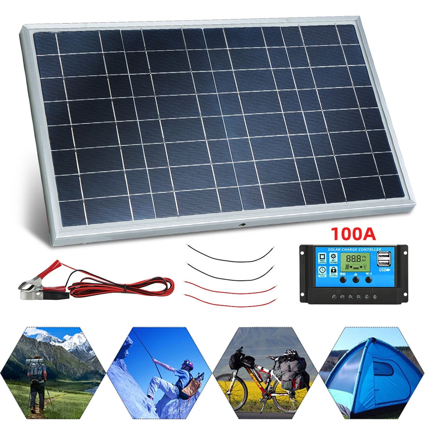 10W Solar Panel 12V Solar Battery Trickle Charger 100A W/ Controller Maintainer