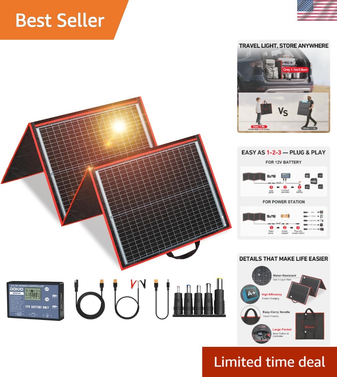 150W Portable Foldable Solar Panel Kit, Compact 21x20in Design 7.3lb with Sta…