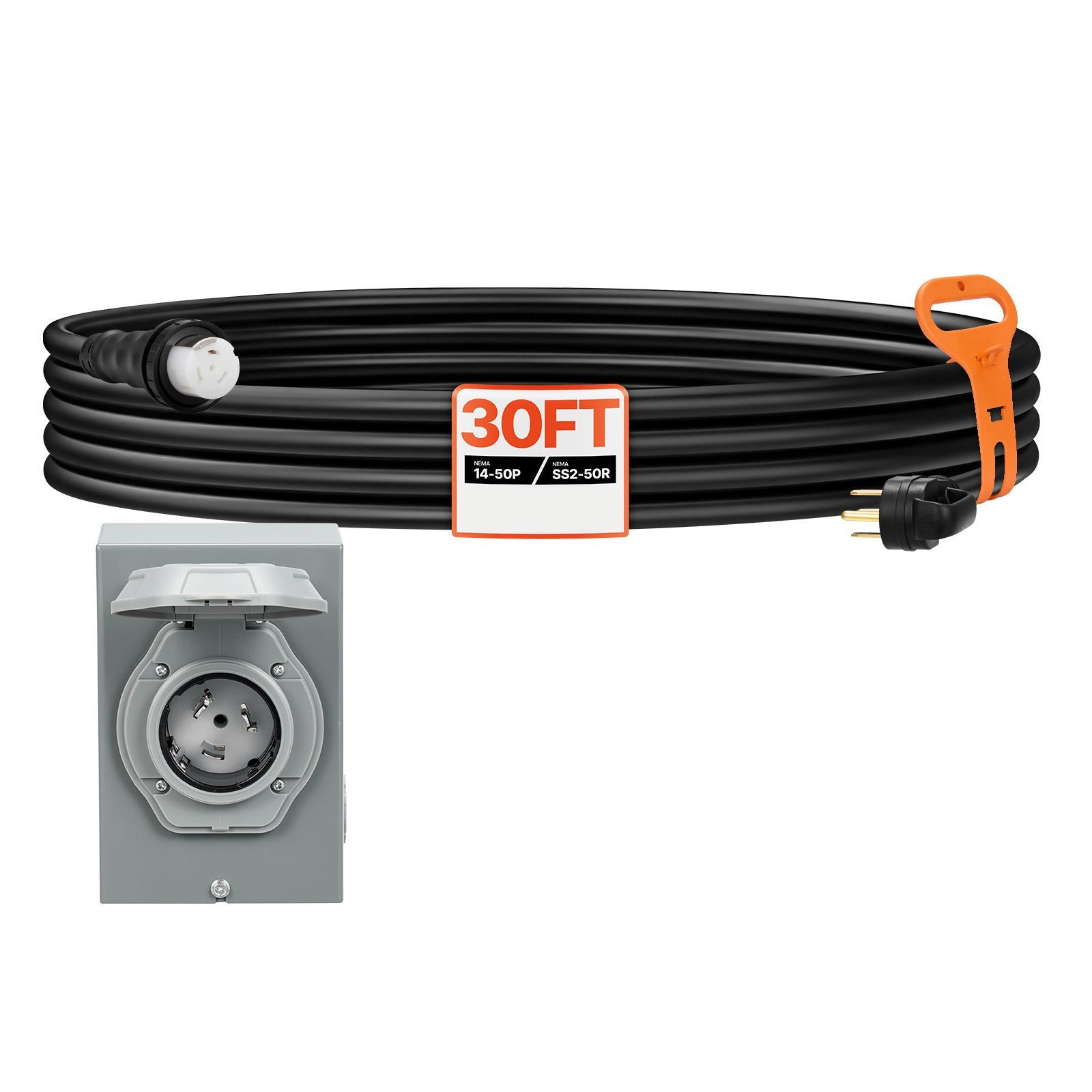 50 Amp Generator Cord and Power Inlet Box, 30FT, 125V/ 250V STW 6/ 3 + 8/ 1 AWG