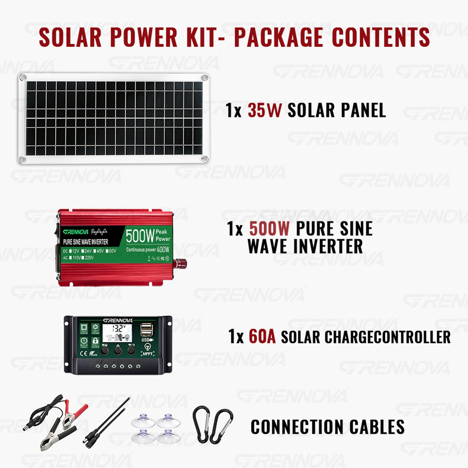 Grennova 500W Solar Kit Pure Sine 35W 60A MPPT Off-Grid RV Camping Use