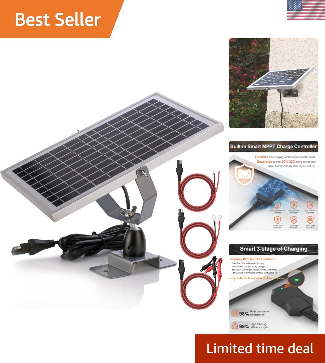 10W Solar Power Charger with Smart MPPT and Safety Protections – For RVs & Boats