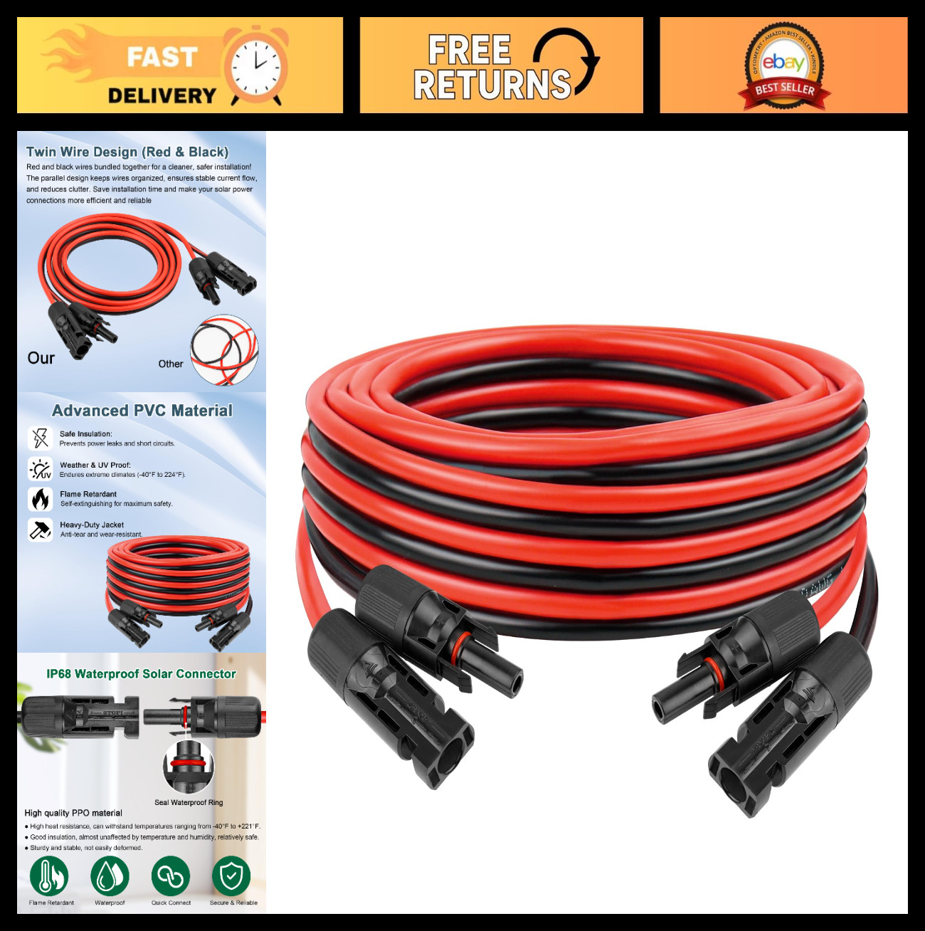 10FT Solar Extension Cable 10AWG Tinned Copper PV Wire with Connectors for RV, M