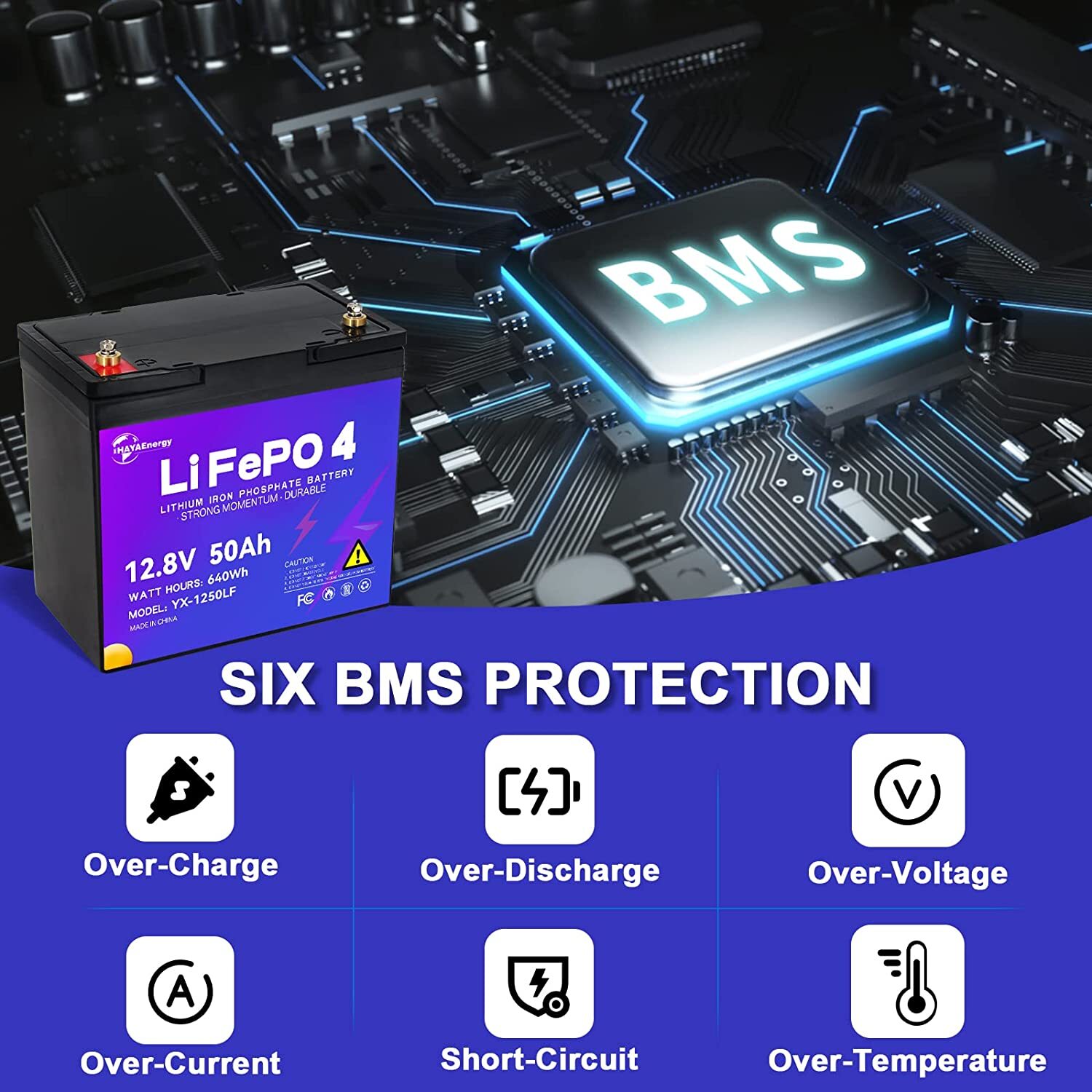 12V 50Ah LiFePO4 Lithium Battery Pack for Deep Cycle RV Marine Solar System 50A
