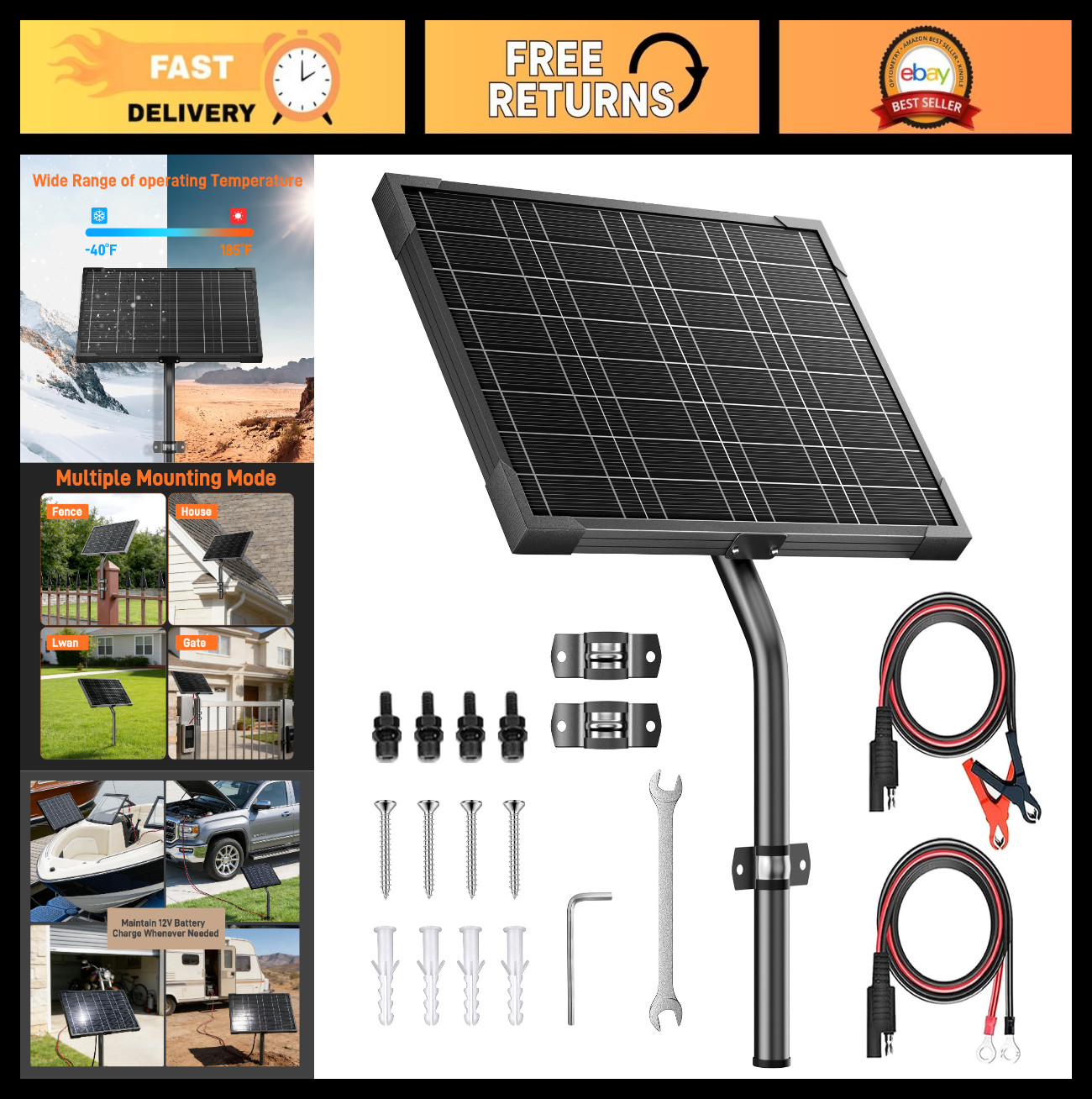 12V Solar Gate Opener Kit – 10W Waterproof Solar Panel with MPPT Controller & Ch