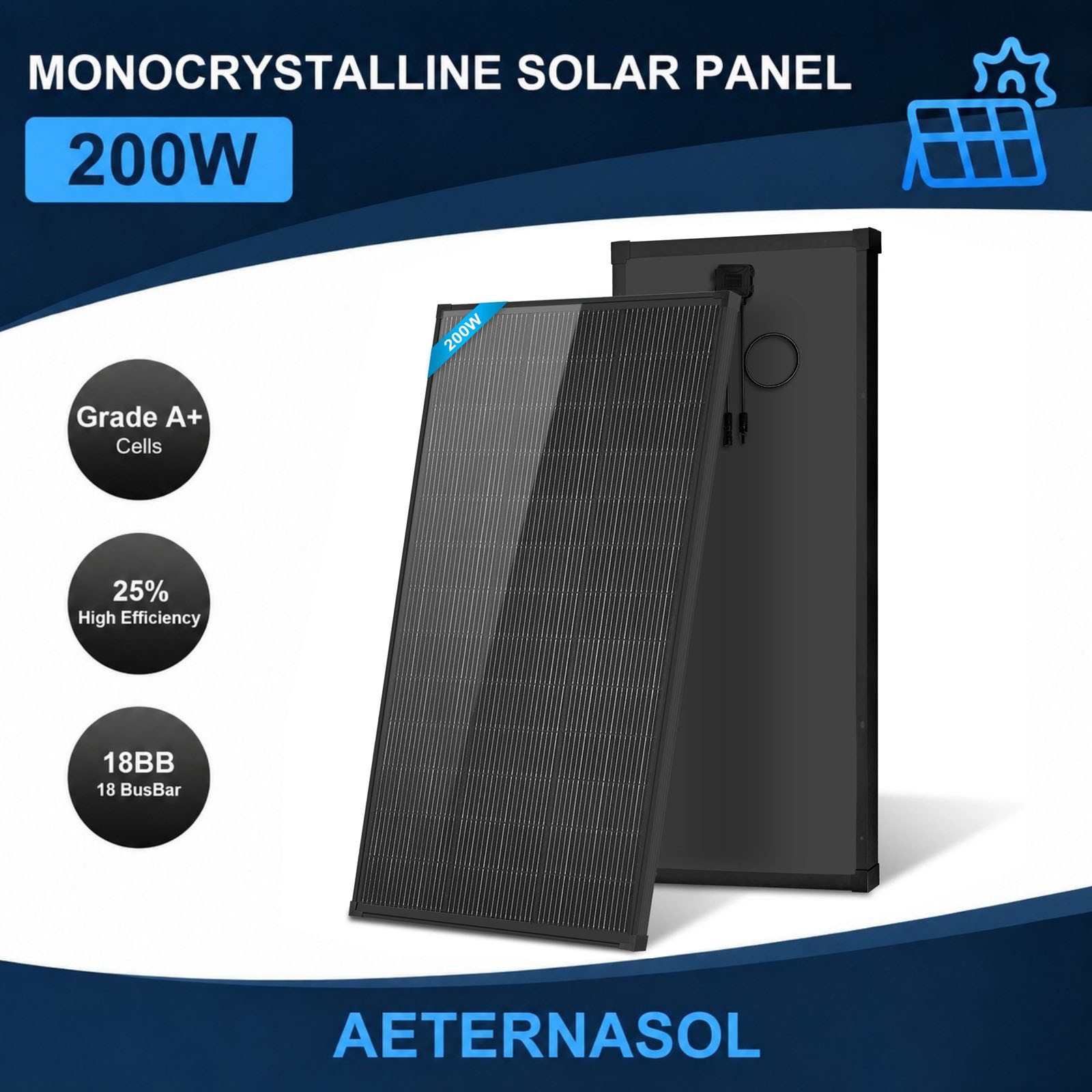 AeternaSol 18V 200W N-Type Mono Solar Panel 18BB Roof RV Boat Off-Grid Battery