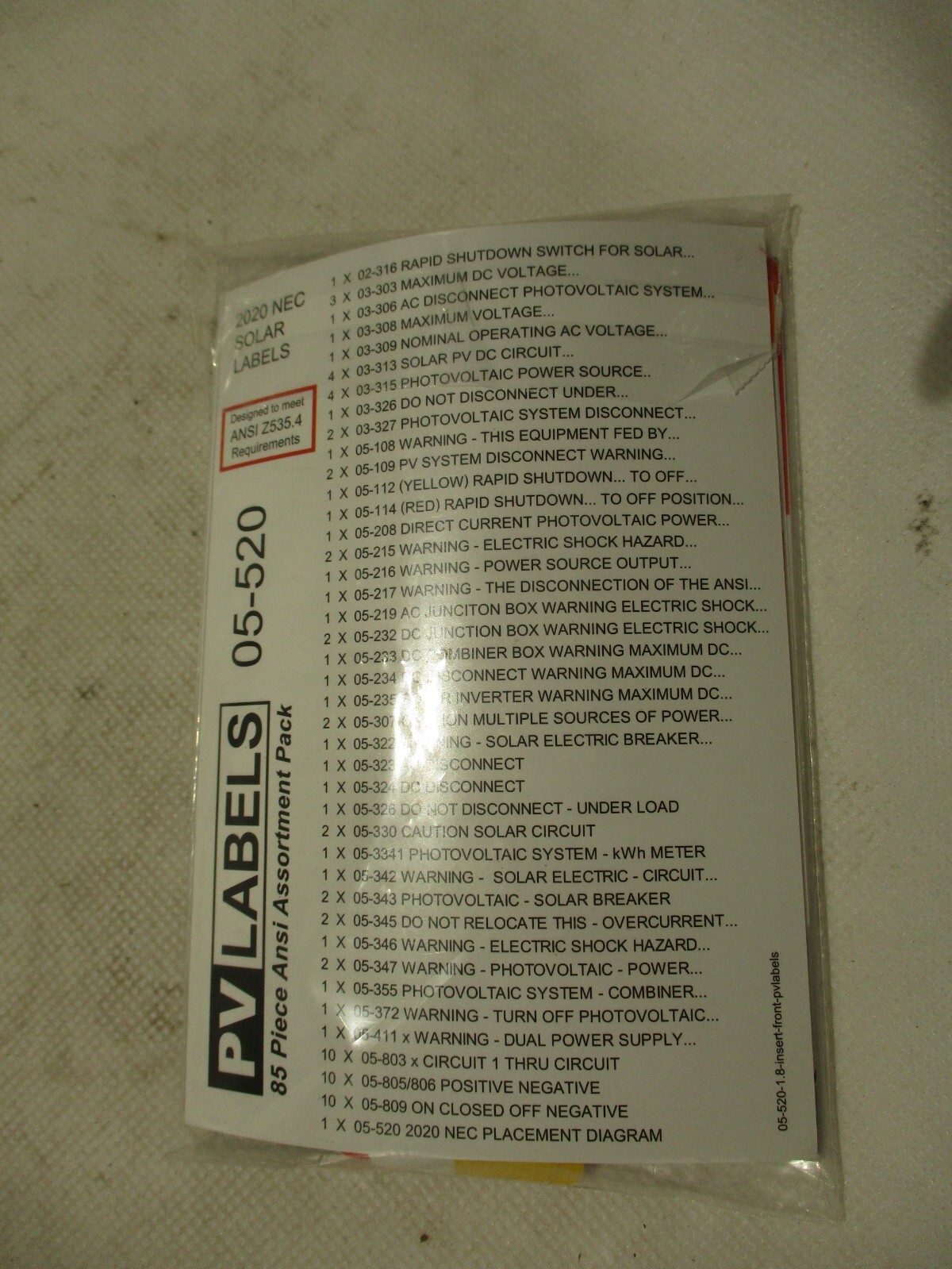NEW PACK OF 85 PV LABELS NEC2020 SOLAR LABEL 05-520
