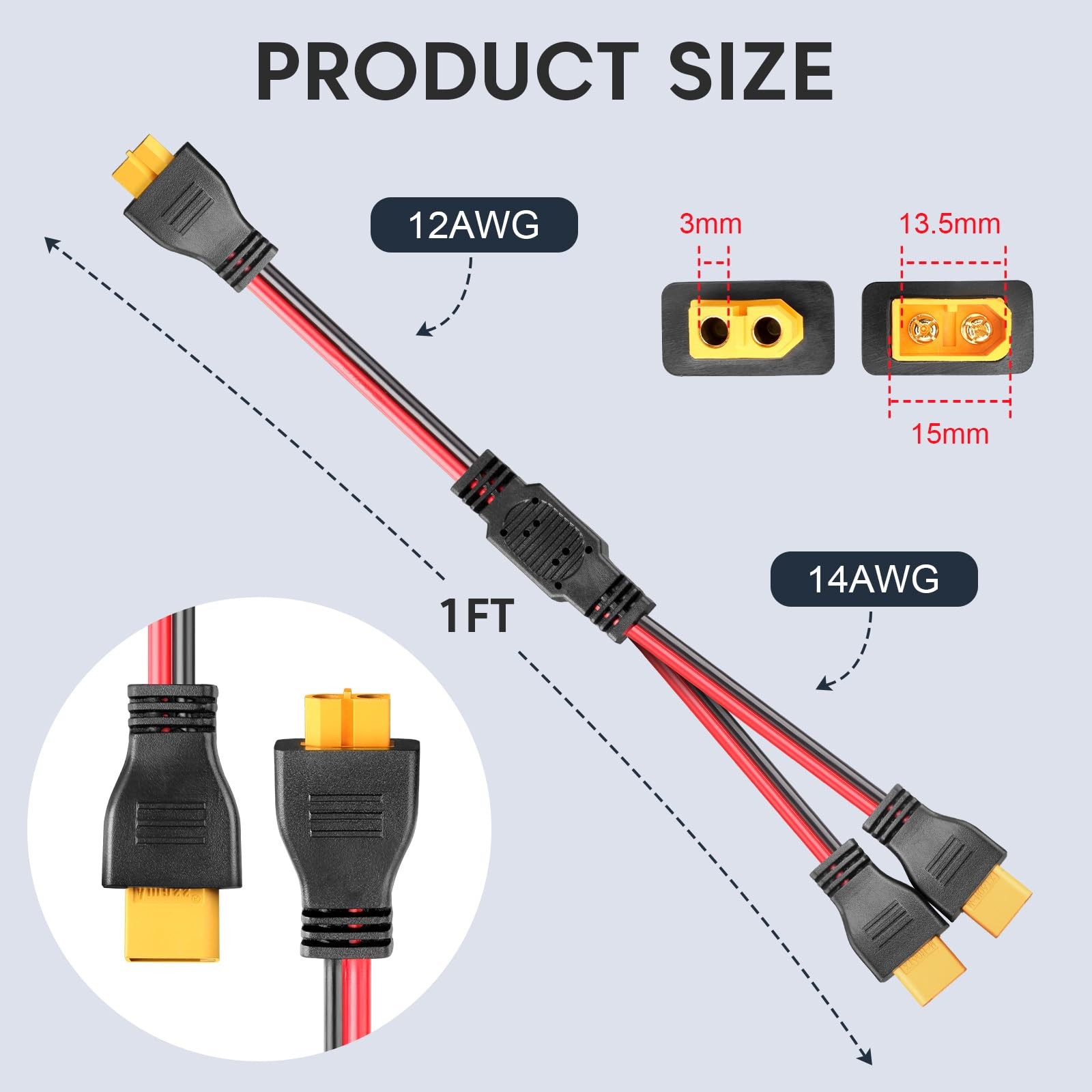 XT60 Y Splitter Cable 12AWG XT60 1 Female to 2 Male Parallel Connector Adapte…