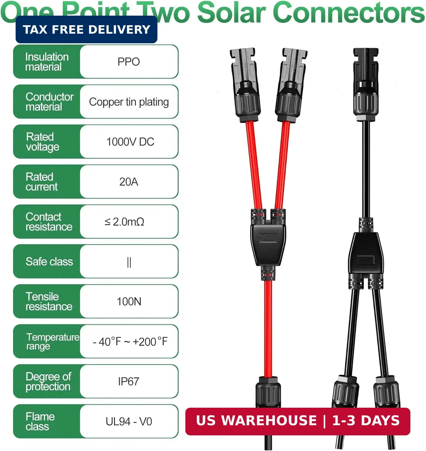 OYMSAE 2 Pairs Solar Connectors Y Branch Parallel Adapter Cable 1 to 2 Solar Pan