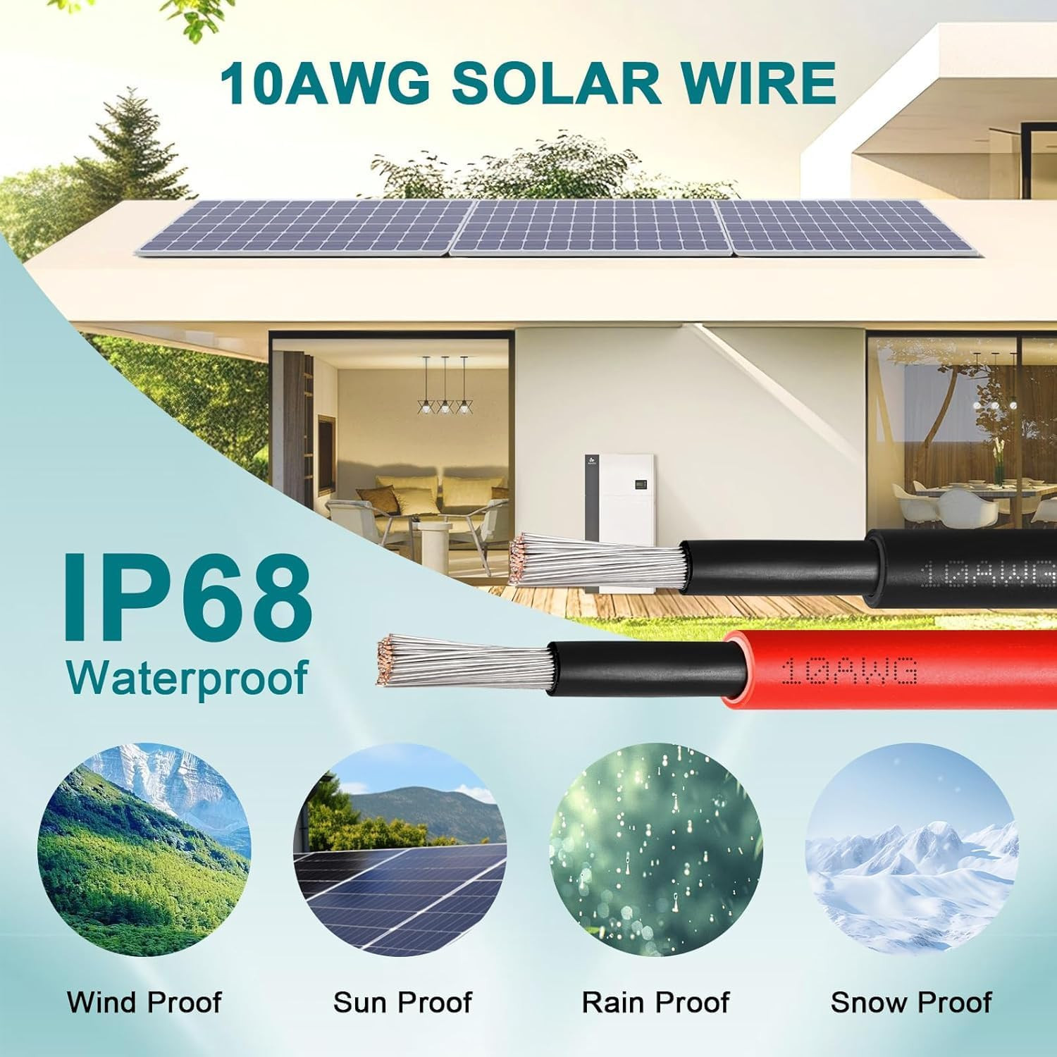 10AWG Solar Wire 6Mm², 2 Pack 30FT Red & Black Solar Panel Cable, 84 Strands Tin
