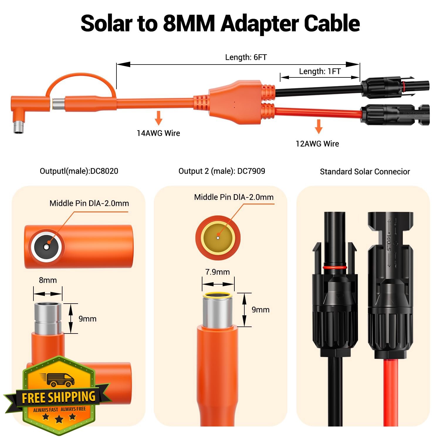 Bateria Power 20FT Orange Solar Adapter