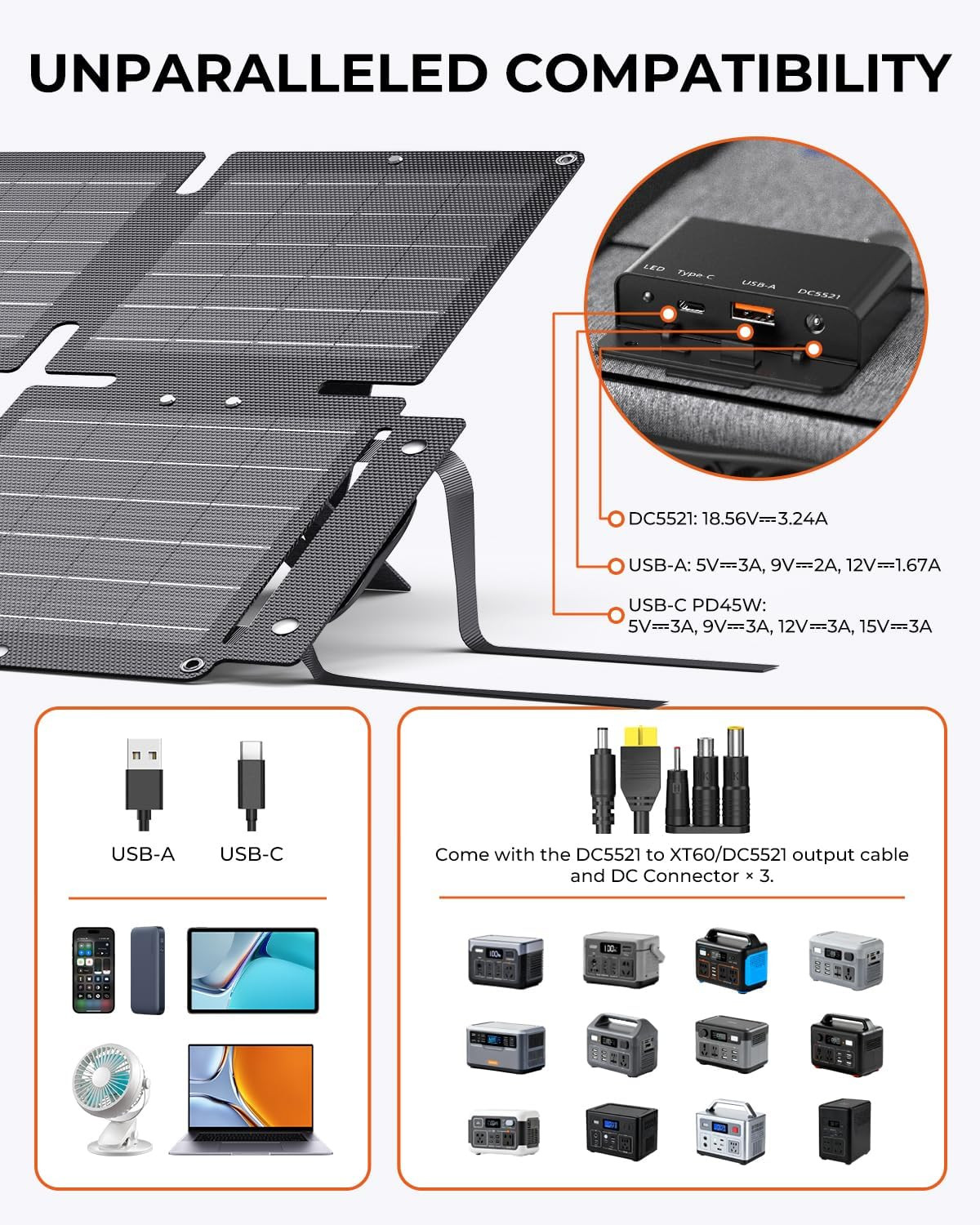 60W Portable Compact Solar Panel with PD 45W USB-C, 20W USB-A, DC Ports for Powe