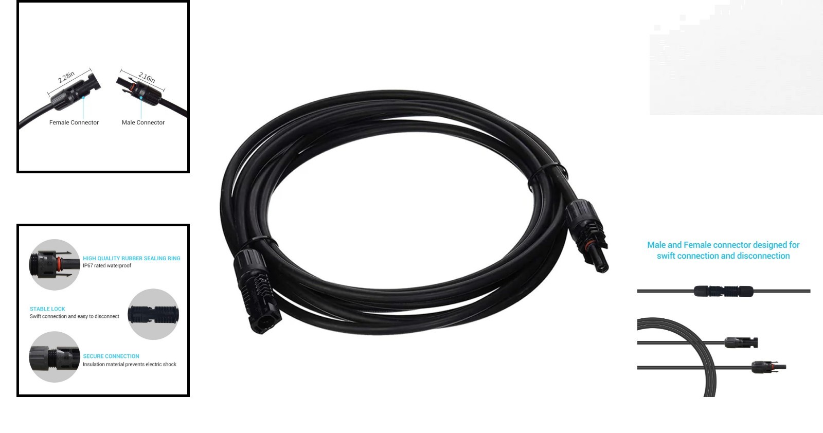 15 Feet Weatherproof Male-Female Solar Extension Cable, 10AWG for Off-Grid Use