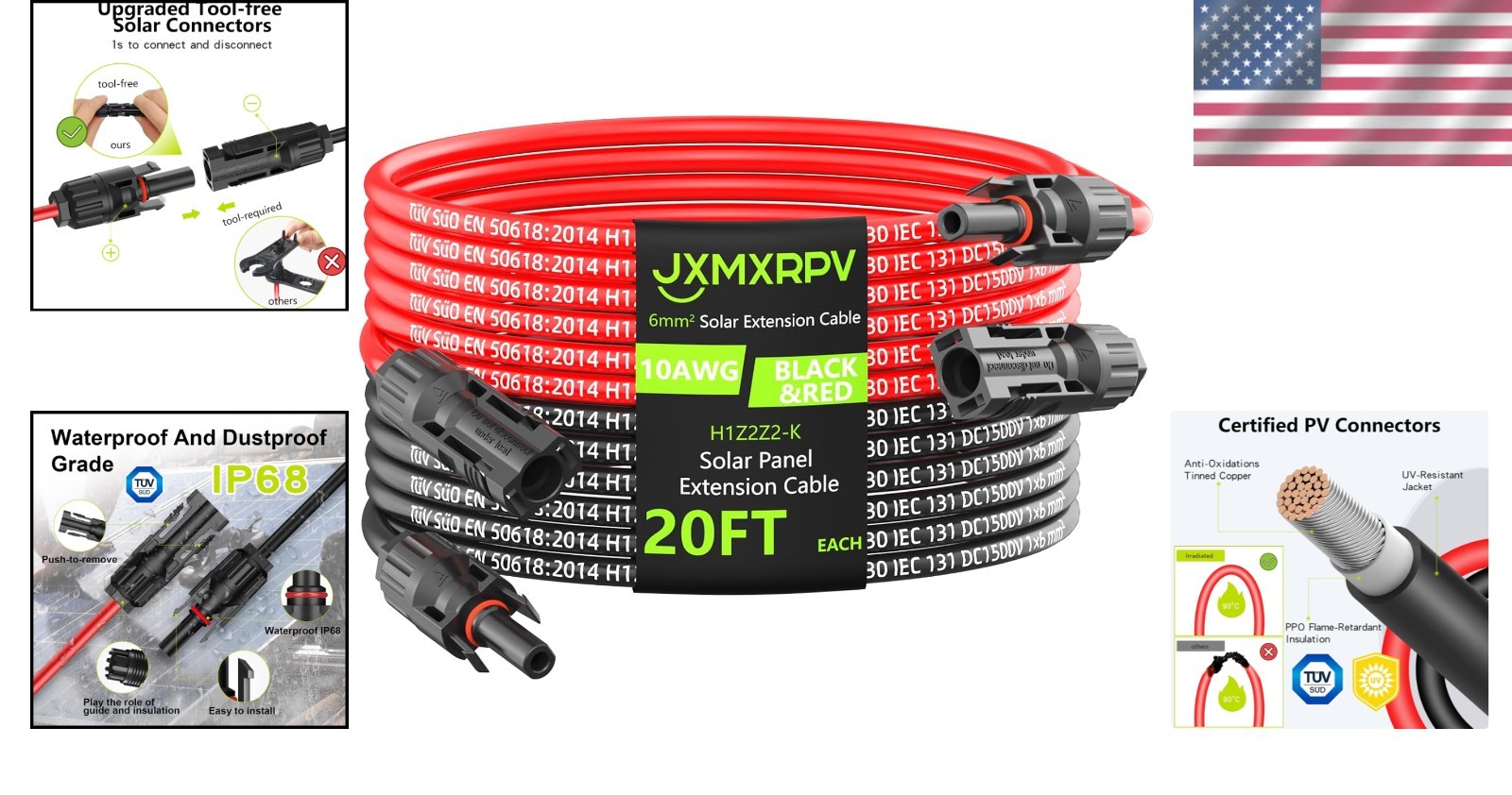 Flexible 20Ft PV Solar Wire – Tool-Free Weatherproof Connectors for Easy Setup