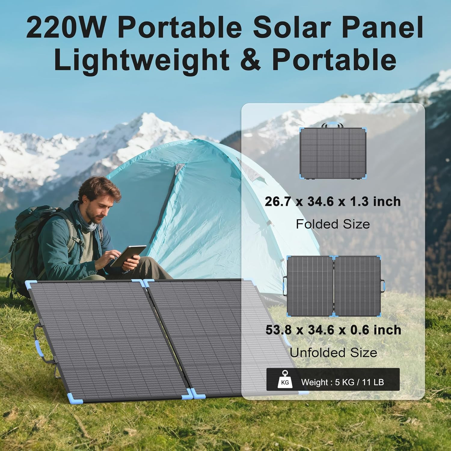 220W Bifacial Portable Solar Panel for Power Station, 23.5% High Efficiency ETFE